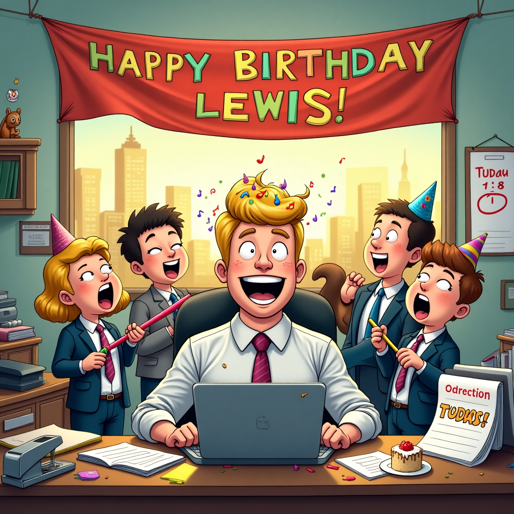 The scene bursts to life with a jubilant office birthday party captured in a single lively moment. In the foreground, a cheerful, blonde-haired man named Lewis sits at his desk, his face alight with surprise and laughter as his hands hover over a laptop keyboard. Bits of colorful birthday cake speckle his hair and clothes, with a big dollop perched humorously on the top of his head, creating a whimsical blend of business and celebration. The laptop screen humorously displays an unfinished email, cut off mid-sentence with frosting smudged over it. 

Behind Lewis, a semi-circle of animated colleagues lean in, each character exuding their own distinct personality through their exaggerated expressions and quirky office attire. They are mid-song, mouths wide open, with musical notes playfully dancing in the air. One colleague holds a kazoo, adding an extra comic touch, while another swings a party blower, which appears frozen in a whimsical "toot".

Above them, a vibrant, oversized "Happy Birthday Lewis!" banner stretches across the scene, tied between two cubicle walls, painted in bold, colorful letters reminiscent of Bill Watterson’s playful text styles. The banner appears slightly askew, as if hurriedly hung, with one end dropping lower than the other, adding to the chaotic joy of the moment.

In the background, a large window reveals a cityscape bathed in the warm hues of an early sunset, while a mischievous squirrel peers in from the sill, holding a tiny party hat, drawing a subtle nod to the charming antics seen in Charles Schulz's work. The office desk is cluttered with an eclectic mix of work essentials and party paraphernalia – staplers, sticky notes, confetti, and a half-eaten birthday cake, its icing depicting Lewis's name in swirling, sugary script.

On a wall, a large calendar hangs open, with today's date circled in red, subtly emphasizing the special occasion. The entire scene is a vibrant tableau of humor and camaraderie, as if plucked straight from a comic strip yet infused with the depth of graphic novel storytelling.
Generated with these themes: A happy blonde haired man working away at his laptop while he is covered in birthday cake, and All of his work colleagues singing him happy birthday.
Made with ❤️ by AI.