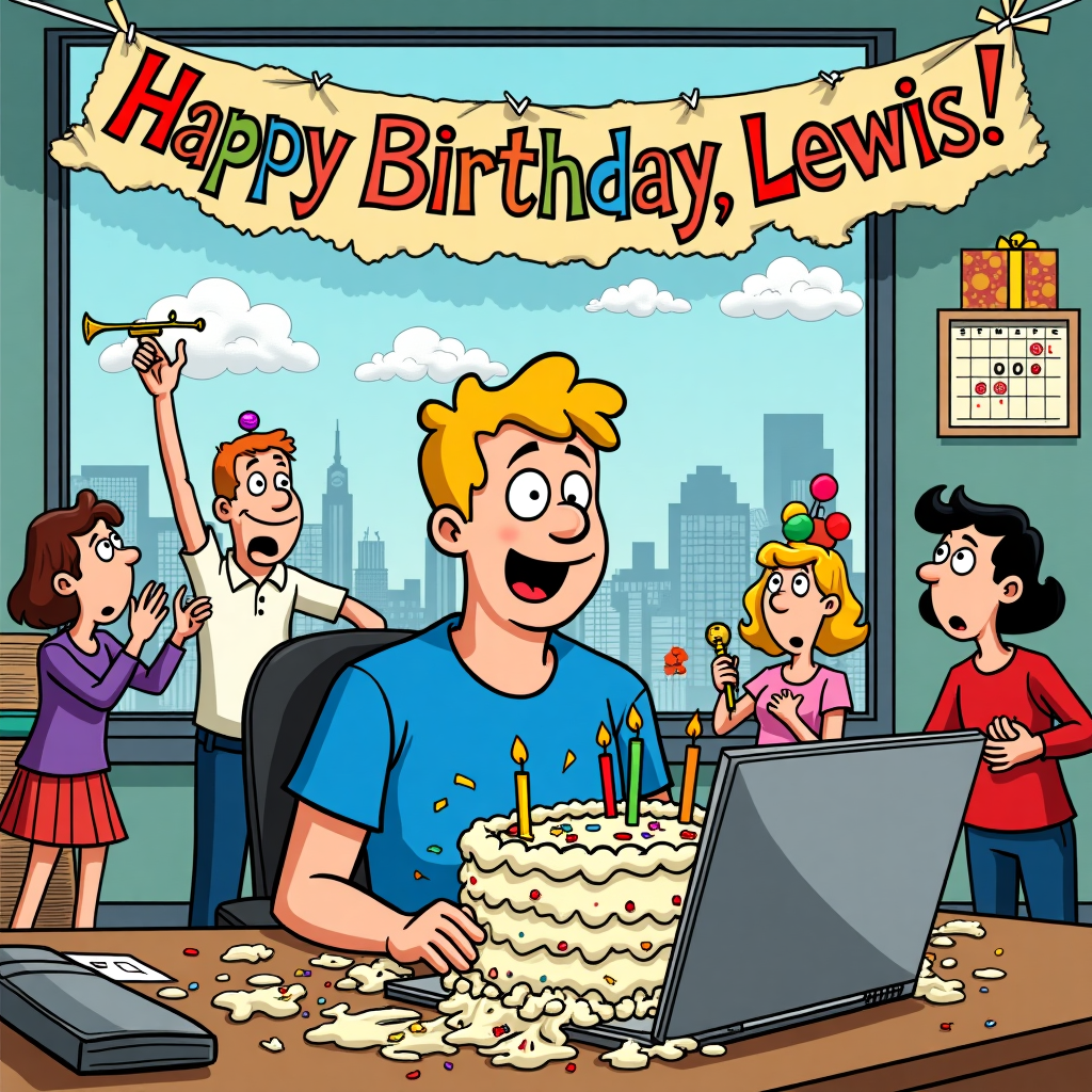 A happy blonde haired man working away at his laptop while he is covered in birthday cake, and All of his work colleagues singing him happy birthday Birthday Card