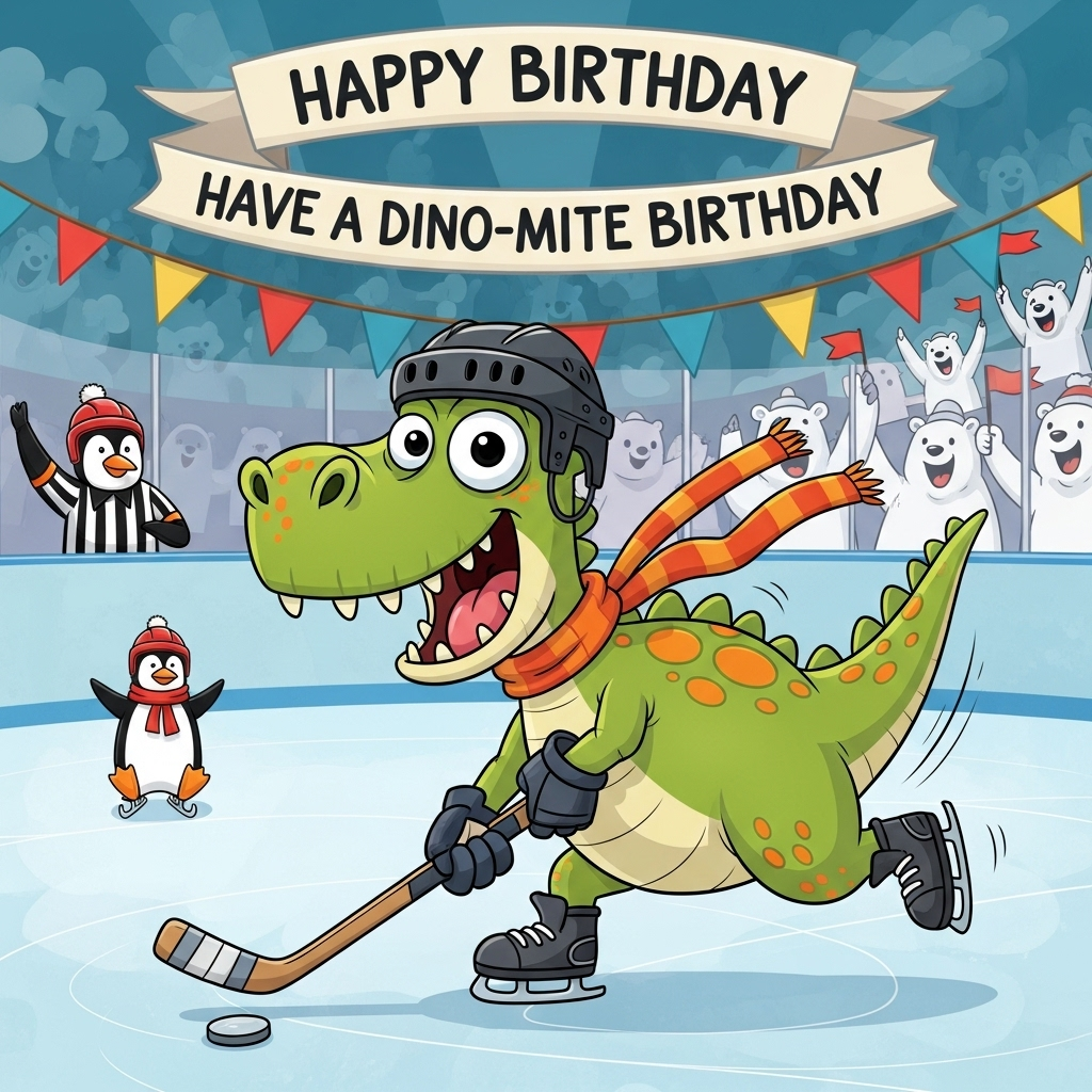 At the top of the Cartoon Style image, place the text: "Happy Birthday"

Create a vibrant and whimsical scene featuring a playful dinosaur on ice skates, enthusiastically playing ice hockey. The dinosaur is cartoonishly exaggerated, with an oversized grin and wide, joyful eyes. Its body is a bright green with orange spots, and it’s wearing a comically tiny hockey helmet and jersey. The dinosaur’s tail is adorned with a scarf that flutters energetically as it skates. 

In the background, there's a lively ice rink scene with cheering cartoon animals like a penguin referee and an audience of excited polar bears waving flags. 

Add a cheeky banner above the rink that reads: "HAVE A DINO-MITE BIRTHDAY!"
Generated with these themes: A dinosaur playing ice hockey , and .
Made with ❤️ by AI.