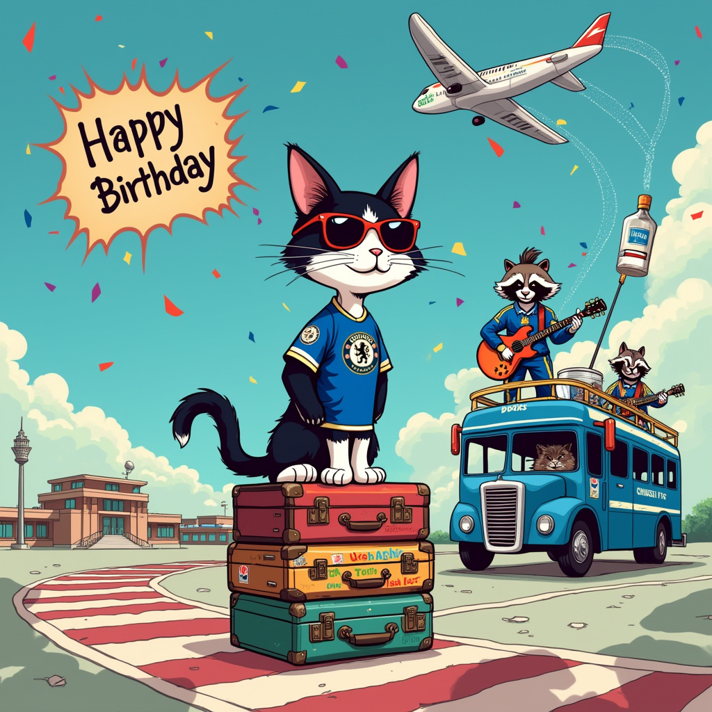The scene unfolds with a whimsical, cartoon-style illustration set on a vibrant, busy airport runway. At the center of the scene stands a black and white tuxedo cat, cheekily dressed in a Chelsea FC jersey that’s slightly oversized, as if borrowed from a human fan. The cat wears tiny, stylish aviator sunglasses and is striking a playful pose atop a stack of colorful vintage suitcases, each plastered with stickers from iconic global destinations—Paris, Tokyo, and New York, among others.

In the background, a rock band is performing atop a grand, open-top double-decker bus. The bus itself is painted in a vibrant, electric blue, reminiscent of Chelsea FC's colors, with a giant bass drum on the roof featuring the band's emblem, a snarling, cartoonish cat face with a mohawk. The lead guitarist, an anthropomorphic raccoon, plays an electric guitar shaped like a bottle of vodka, strumming wildly as musical notes swirl into the sky.

Scattered across the scene, you’ll find vodka-themed party items: a trail of mini cocktail glasses lined along the runway’s edge and a giant inflatable vodka bottle tethered like a balloon, bobbing in the gentle breeze above the festivities. The sky is clear, filled with fluffy white clouds, and a small vintage airplane flies overhead, trailing a banner that reads "Happy Birthday" in bold, playful lettering, followed by a stream of confetti in Chelsea FC's signature blue and white.

The art style combines the slapstick humor of Gary Larson with the dynamic motion of a Will Eisner scene, where the cat's charisma and the rock band's liveliness capture the spirit of a birthday celebration with an eclectic twist. The overall composition invites the viewer to linger and spot the delightful details, much like a scene from a bustling comic strip by Bill Watterson.
Generated with these themes: Black and white tuxedo cat, Chelsea FC, Rock music, Travel, and Vodka.
Made with ❤️ by AI.