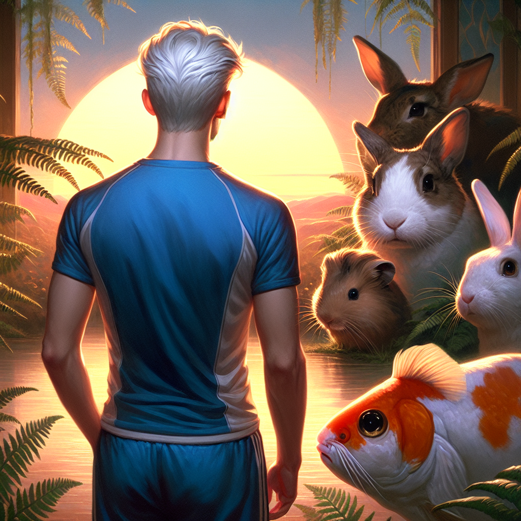 Depict a serene scene filled with deep emotion. In the foreground, a Caucasian man with white, yet bold hair, stands facing away. He is wearing a blue sports top and matching shorts, his posture implies a state of contemplation as he gazes into the sunset. The environment is bathed in the retiring warmth of the sunset. Surrounding him is a small group of animals— a brown and white lop bunny, a serene white bunny, a curious grey and white hamster, and a graceful fancy goldfish with big eyes—all immersed in this quiet moment. The scene also includes gentle ferns swaying around them, adding to the sense of a heartfelt farewell.
Generated with these themes: White hair but bold on top man who is chunky, wearing blue sports top and shorts facing away, Brown and white lob bunny, White bunny, Fancy goldfish with big eyes , Grey and white hamster, Sunset, and Ferns.
Made with ❤️ by AI.