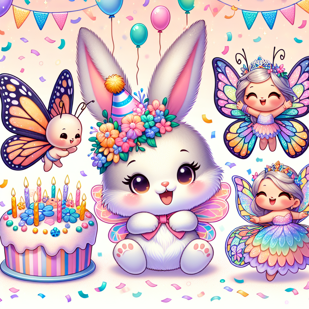 Generate a Cute Cartoon birthday theme image where a fluffy rabbit in a party hat is the center of attention, surrounded by multicolored confetti. Include a delicate butterfly with beautifully patterned wings fluttering in the air. Add a small female fairy of Hispanic descent, with gossamer wings and a shimmering dress, happily moving around the party, sprinkling fairy dust. This arrangement forms a delightful and heartwarming scene suitable for a unforgettable birthday celebration.
Generated with these themes: Butterfly , Rabbit, and Fairy.
Made with ❤️ by AI.