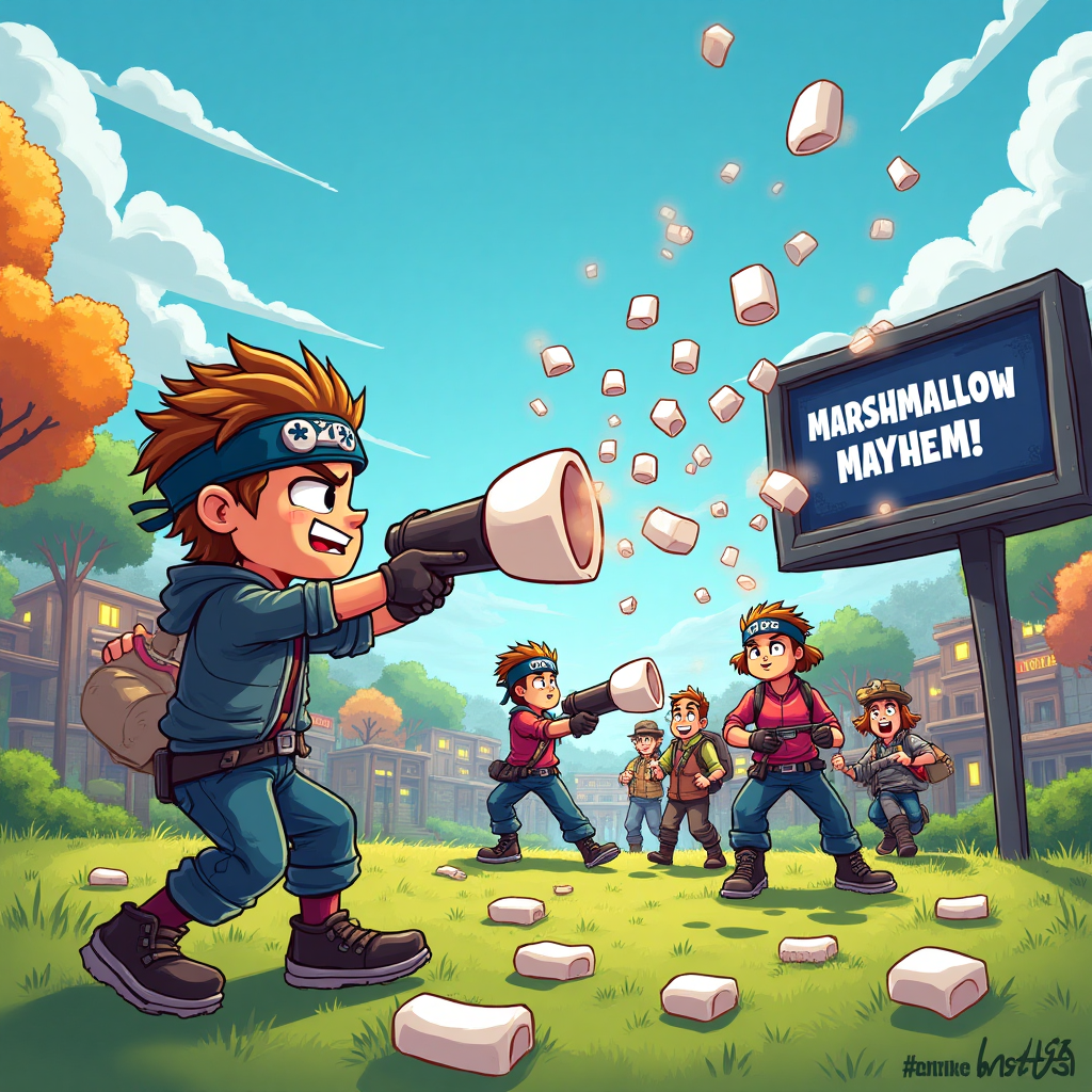 At the top of the Cartoon Style image, place the text: **Level 9**.

**Image Prompt:**

Imagine a lively cartoon scene where a group of Fortnite-style characters are in the midst of an epic, albeit light-hearted, gaming battle. In the foreground, there's a mischievous character wearing a headband with a gaming controller emblem, playfully launching a marshmallow cannon. The marshmallows are comically oversized, mid-flight, and look like they're about to engulf the other players, who are hilariously exaggerated in their expressions of surprise and mock panic.

In the background, the digital landscape is vibrant and bustling with energy—brightly colored game graphics with pixelated trees and buildings. There's a playful chaos as gaming avatars dash around, some slipping comically on scattered marshmallows. A cheeky, animated scoreboard in the corner humorously displays the text: "Marshmallow Mayhem!"

The whole scene is full of exaggerated movement, bright hues, and bold outlines, capturing the whimsical and fun spirit of a birthday card for someone who loves gaming and a good laugh.
Generated with these themes: Fortnite, gaming, marshmallows, and .
Made with ❤️ by AI.