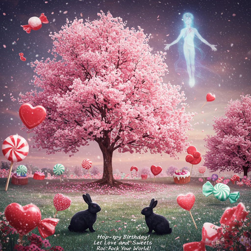 Cherry tree, Black rabbit with white nose, Black lop rabbit, Sweets, Heart, Ziggy stardust, and Birthday Card