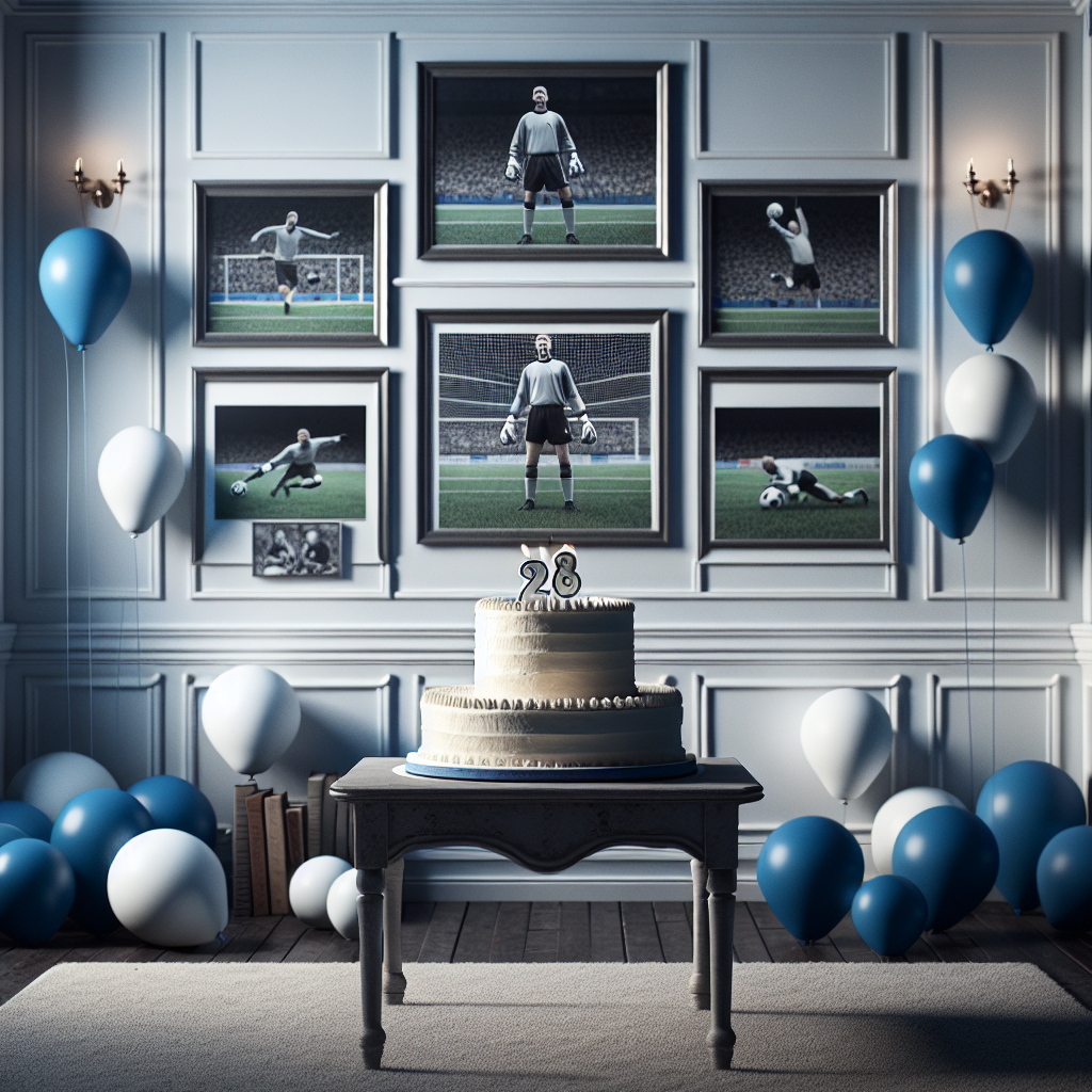 A solemn birthday scene set in a realistically styled room adorned with subtle hues of blue and white, representing team colors of an unnamed soccer team. The centerpiece is an elegant, modestly sized cake, its frosting smooth and without fuss, mirroring the collected nature of an anonymous goalkeeper. Along the walls, a series of framed photographs showcase prominent saves of an unnamed goalkeeper, adding a personal touch that sport enthusiast would appreciate. Balloons are few, floating gently in the corners, more a nod to tradition than a call for celebration, reflecting the understated tone of the occasion.
Generated with these themes: Jordan Pickford.
Made with ❤️ by AI.
