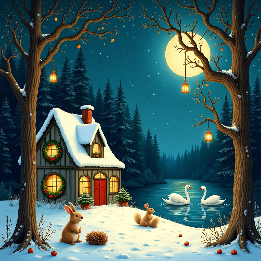 On the front of this Christmas greeting card, imagine a whimsical illustration set deep in a magical forest. Perched atop a gentle hill, a quaint little house with its lights intriguingly off stands amidst tall, whispering pines dusted with snow. The house is charmingly old-fashioned, with a thatched roof, small round windows, and a crooked chimney that tilts slightly to the side, as if dozing. Each window is festooned with festive wreaths made of holly and berries, but the interiors remain mysteriously dark. The surrounding trees are elaborately tangled, reminiscent of Arthur Rackham’s intricate line work, their branches reaching out like the arms of a giant sleeping giant.

In the background, a serene, moonlit lake reflects the myriad of twinkling stars that sprinkle the sky like a pinch of glittering salt. The stars are so vivid they almost seem to wink, inspired by the luminous touch of Maxfield Parrish. On the lake's surface, a pair of swans glide gracefully, their reflections creating ripples that resemble gentle laughter. Near the water’s edge, a family of rabbits, perhaps borrowed from the whimsical world of Beatrix Potter, are bundled together, their tiny noses peeking out from the snow, casting curious glances towards the starry sky.

The forest floor is littered with a patchwork quilt of crunchy leaves and a dusting of snow, creating a tapestry of textures. Nearby, a gnarled, ancient oak tree with a trunk that twists like a puzzle hides a mischievous squirrel peeking out from its hollow. Scattered around are acorns and pine cones, adding to the details of the forest floor. From the branches hang tiny lanterns, inspired by Edward Gorey's delightfully eerie touch, casting soft, twinkling lights that contrast the dark house, suggesting an impending magical moment.

This scene is like a hidden world that quietly waits to reveal its story, full of playful mystery and the quiet anticipation of Christmas magic.
Generated with these themes: A house with the lights off in a forest on a hill with a lake in the background. There are stars, and the lights are off.
Made with ❤️ by AI.