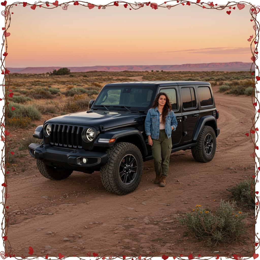 Front and center, imagine a glossy Valentine's Day greeting card capturing a snapshot of an adventurous duo. The scene is set in a rugged, picturesque outdoor location, perhaps amidst rolling hills or a vast desert expanse, with a sky painted in hues of soft pink and orange as the sun dips below the horizon.

In the foreground, a robust black Jeep Wrangler stands with its iconic seven-slot grille and chunky all-terrain tires. Its glossy black finish reflects hints of the colorful sky, adding an element of depth and contrast to the image. The Jeep is parked at a slight angle, showcasing its side profile with the doors removed, adding a touch of ruggedness.

Standing proudly behind the Jeep is a couple with thick, chestnut-brown hair. Their hair catches the faint breeze, with loose strands adding lifelike movement to the scene. The couple is dressed in casual outdoor attire; perhaps the man sports a dark, fitted T-shirt with khaki cargo shorts, while the woman wears a light denim jacket over a simple white tank top, paired with olive-green hiking pants.

The background is a symphony of nature's colors: a dusty trail snakes into the distance, bordered by sparse shrubbery with hints of green and gold. A few scattered wildflowers add pops of color to the earthy palette. Off in the distance, low hills or rocky formations rise, their shadows stretching across the ground in the waning light.

On the card's border, a delicate trim of intertwined vines and small, vibrant red hearts frames the scene, adding a subtle nod to the Valentine's Day theme. The overall composition captures a blend of adventure and tranquility, inviting viewers to step into a world where love and exploration meet.
Generated with these themes: Couple  with brown hair standing behind a black jeep wrangler .
Made with ❤️ by AI.