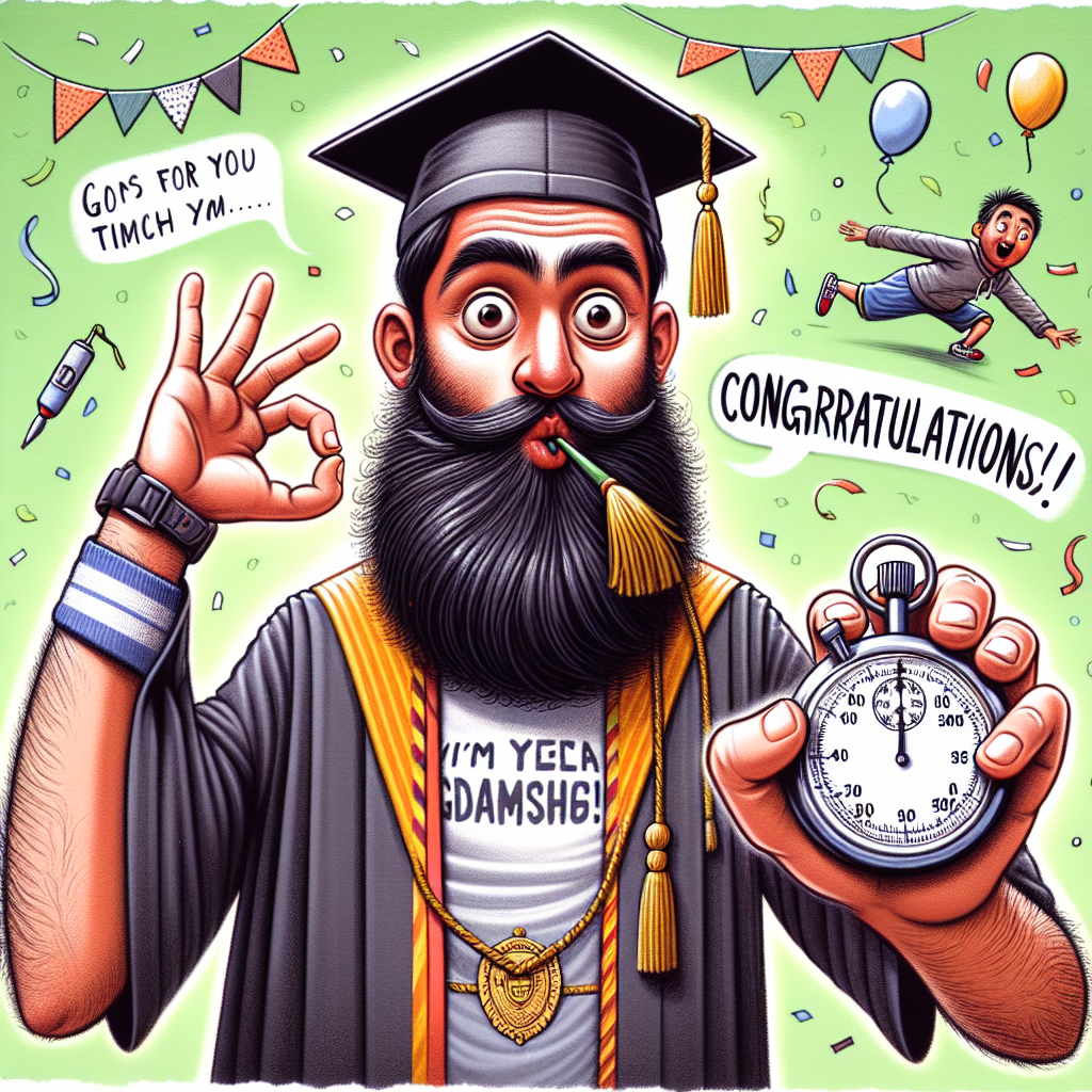 A humorous illustration features a bearded young man of South Asian descent, humorously dressed for his graduation. His attire is a juxtaposition of tradition and casual wear, with his cap and gown layered over a casual t-shirt and shorts. Adding to the comical vibe, he's blowing a whistle and displaying perfect command over a stopwatch, as though he's timing his own milestone moment. The background is festively adorned with balloons and confetti. The scene is completed with a cheerful caption 'Congratulations!' underlining the unique and amusing character of his achievement.
Generated with these themes: Young man with a beard, wearing a graduation cap & gown with shorts & t-shirt, blowing a whistle & holding a stop watch, and Include the words "Congratulations Josh".
Made with ❤️ by AI.