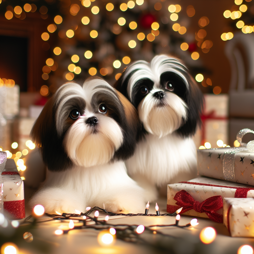 This heartwarming Christmas scene depicts slender Shih Tzu dogs with elegant white and black fur. Their endearing brown eyes glow under the twinkling holiday lights as they play amidst wrapping paper and ribbons, celebrating the festive season with joy.
.
Made with ❤️ by AI.