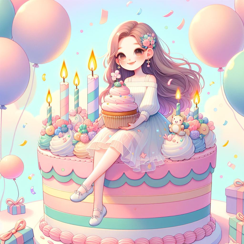 A delightful birthday-themed illustration featuring a young lady as the central attraction. The scene takes place with the lady perched atop a pastel-colored, giant birthday cake decorated with candles and playful sugar flowers. Surrounding her, an effusion of balloons and confetti augments the celebratory ambiance. The backdrop is a gentle, dreamy gradient, crafting a mild glow around the smiling character as she cradles a small cupcake in one hand, poised to commemorate the occasion.
Generated with these themes: Jasmine .
Made with ❤️ by AI.