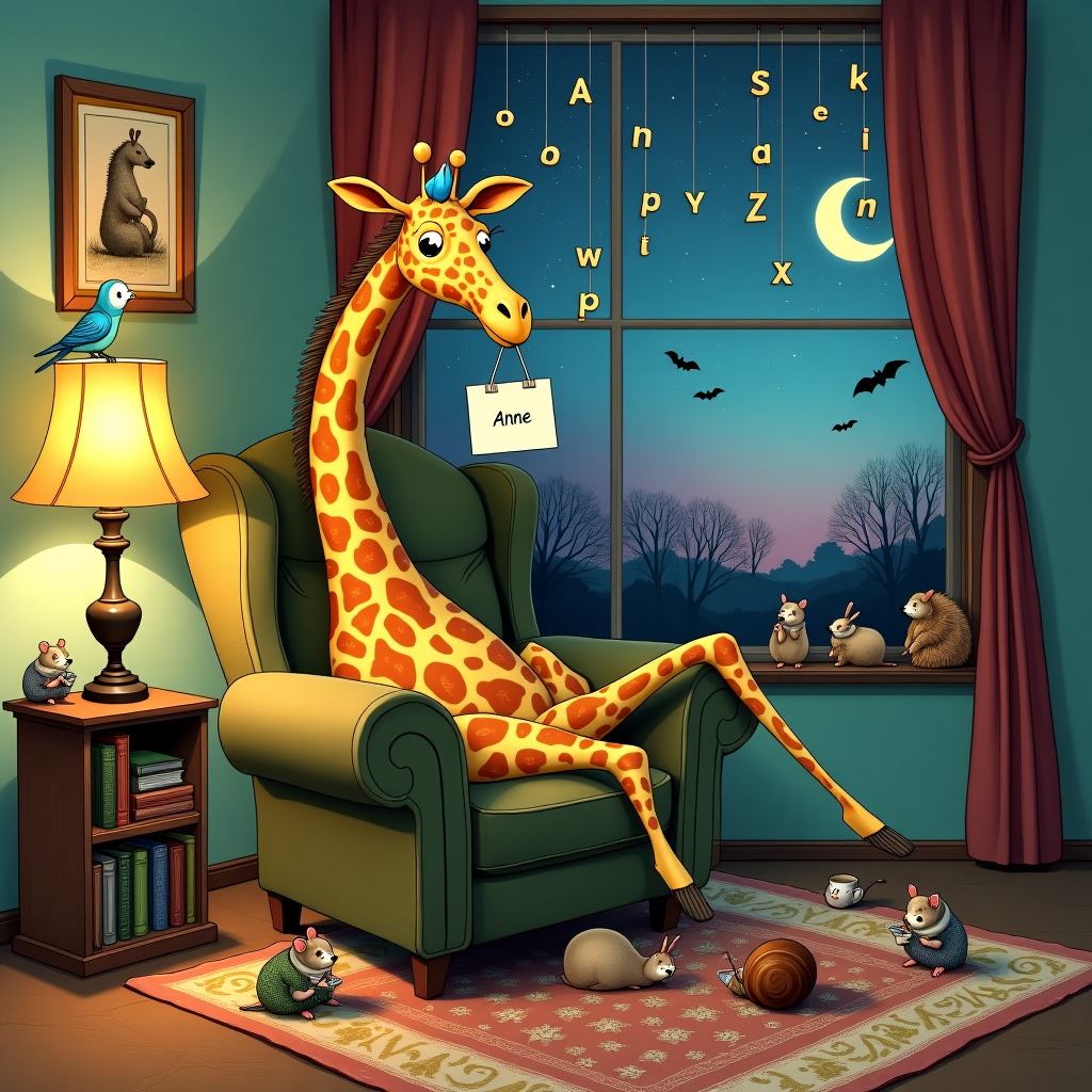 In the center of the illustration, a whimsical, slightly awkward giraffe is attempting to fit into a cozy, oversized armchair in a living room setting that could have been inspired by a storybook. The giraffe's long neck bends and twists comically around a lampshade that resembles a Victorian-style lamp, its light casting soft, warm hues. The room is filled with quirky, mismatched items: a small bookshelf sagging under the weight of peculiar books with titles like "Advanced Squirrel Yoga" and "Tea Party Etiquette for Elephants." On the wall, a framed picture of a somber yet endearing family of hedgehogs offers a nod to the classic charm of Beatrix Potter’s creations. 

Perched atop the giraffe's head is a bright blue parrot holding a sympathy card in its beak, which reads "With Deepest Sympathy" in elegant cursive. Scattered around the room are various small animals—mice wearing tiny monocles and waistcoats, rabbits in polka-dot scarves—engaged in gentle activities like knitting or sipping from teacups. A snail is leisurely making its way across a vintage rug with a colorful, swirling pattern reminiscent of Aubrey Beardsley's intricate designs.

In the background, the name "Anne" is cleverly incorporated into a set of whimsical wind chimes hanging by the window, where a light breeze causes them to tinkle softly. The chimes themselves are shaped like letters, creating the name "Anne" as they hang and sway against a sky painted in rich, Maxfield Parrish-inspired twilight blues and purples. Through the window, the outside world is painted with a touch of Edward Gorey’s gothic charm, with silhouetted trees under a crescent moon and tiny, playful bats flitting about.
Generated with these themes: With deepest sympathy .
Made with ❤️ by AI.