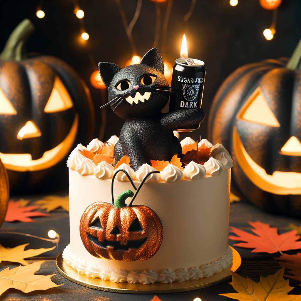Illustration of a festive birthday scene which includes a Halloween influenced cake topped with a cat figurine holding a can of Pepsi Max, set against a backdrop of jack-o-lanterns and autumn leaves.
Generated with these interests: Cats, Halloween, and Pepsi max.
Made with ❤️ by AI.