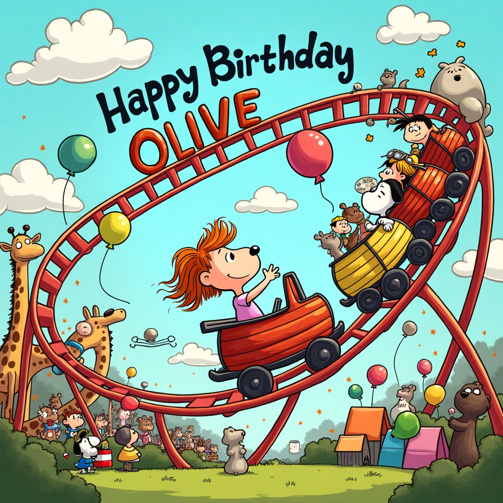 The scene bursts with whimsy and excitement, set in a vibrant amusement park under a bright, blue sky, scattered with fluffy, cartoonish clouds. A colorful roller coaster twists and loops across the page, its tracks forming a playful, wavy path reminiscent of Charles Schulz’s simple, yet expressive lines. The roller coaster cars are shaped like classic wooden doghouses, a nod to the Peanuts world. Riding in one of these cars is Olive, an animated character styled with the expressive charm of a Disney heroine, her hair wildly blown back by the wind.

Next to Olive is a hilariously over-enthusiastic puppy, with big, sparkling eyes, a wagging tail, and floppy ears that flutter in the breeze as the coaster races along. The puppy is sporting a tiny aviator cap and goggles, reminiscent of Snoopy's adventurous alter-ego, ready for a grand escapade. Above them, the track winds into the clouds, cleverly spelling out "Happy Birthday Olive" in a whimsical, looping font made from the roller coaster rails themselves, adding a touch of Calvin and Hobbes’ imaginative playfulness.

To the left of the coaster, a crowd of cheerful, anthropomorphic animals stands at the edge of the scene, waving enthusiastically. There’s a giraffe with a striped scarf and glasses peeking through, much like a character from a Gary Larson comic, and a family of chipmunks sharing a comically oversized popcorn, evoking the vibrant panels of Hergé’s Tintin. Balloons of all shapes and sizes float around, some featuring Olive's name in bright, bold letters, artistically integrated into the balloon patterns.

The foreground is scattered with small details: a tiny comic-style map of the park tucked into a corner of the roller coaster car, a lost sock flapping comically from Olive’s pocket, and a little gopher poking its head from a hole near the base of the coaster, giving a sly wink to the viewer, a nod to the hidden characters of Bill Watterson’s universe. The entire scene is vibrant with colors and details, packed with joyful elements that invite exploration and celebrate Olive's birthday in a uniquely playful and creative way.
Generated with these themes: Riding a roller coaster with a puppy.
Made with ❤️ by AI.