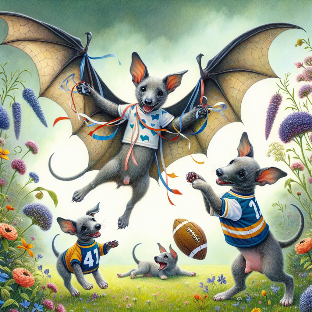 Depict a tender scene drawing from nature and the maternal celebration for a newborn. Picture bats with soft smiles on their faces, engaging in friendly play with decorations such as streamers held gently within their wings. Meanwhile, on the ground, a pair of sprightly whippets are dressed in quaint sports jerseys, jubilantly running around amidst vibrant wildflowers while playfully tossing around a plush football toy. This scene symbolizes the joy, love, and excitement of a family preparing to welcome their new member amidst the soothing comfort of nature and the exhilarating excitement of sports.
Generated with these themes: Nature, Bats, Football, and Whippets.
Made with ❤️ by AI.