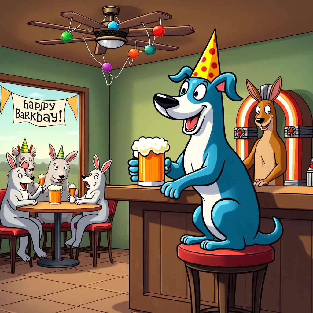 At the top of the cartoon image: "Melissa, paws off the pint—this one's fur your birthday!"

Image prompt:  
A cartoon scene set inside a classic Aussie-style pub, bustling with playful, humorous energy. Front and center is a cheeky Blue Heeler dog sitting upright on a barstool, one paw casually resting on a frothy pint of beer, and wearing a paper birthday hat slightly askew. Behind the bar, a kangaroo bartender polishes glasses with a bemused look. In the background, a group of party-hatted sheep cheer and toast their drinks, and a jukebox glows with flashing lights. A "Happy Barkday!" banner dangles from the ceiling, and balloons are tangled in a ceiling fan mid-spin. The whole image is bright, colorful, and packed with birthday pub hilarity.
Generated with these themes: Blue Healer, Pub, and .
Made with ❤️ by AI.