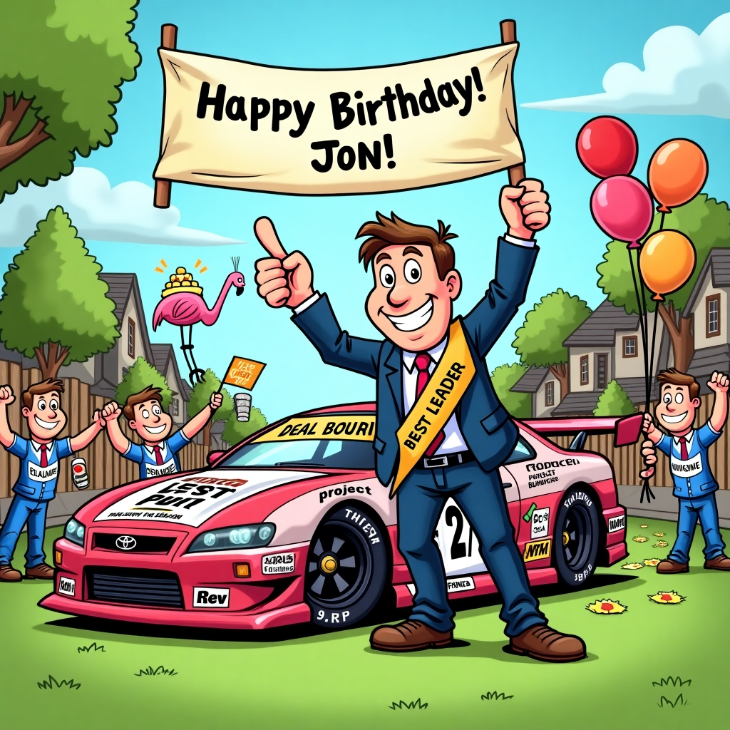 **Prompt for Image Generation (Cartoon Style):**

At the top of the cartoon image, *Happy Birthday Jon – Still Leading the Cost Savings Pit Crew Like a Boss!*

A colorful, cartoon-style scene set on a bright green suburban front lawn. Jon, a grinning cartoon boss character with a coffee in one hand and a “Deal Maker of the Year” sash across his suit, is standing triumphantly next to a modified Toyota hybrid. The Toyota is comically turbocharged with solar panels, discount stickers, and labeled “Project: Budget Burner 9000”.

Around Jon, a crew of coworkers in racing overalls labeled “Finance,” “Procurement,” and “HR” frantically change tires, throw spreadsheets into the air, and shout “Let’s cost this out!” One employee hands him a giant “Best Leader” foam finger.

There’s a finish line banner overhead reading “Winning Performance 1st Place”, while balloons shaped like dollar signs and little “Champion of Cost-Out” flags flutter in the wind.

In the background, flamingos with clipboards and ties stand around nodding approvingly.

A small birthday cake sits on the car’s hood, and its candles are being blown out by the wind from the racing fans yelling “Happy B-Day, Boss!”
Generated with these themes: Toyota, Boss, Leader, Cost out, Deal maker, Green front Lawn , Keep it PG (image and text), Winning performance, Cost savings, and Champion.
Made with ❤️ by AI.