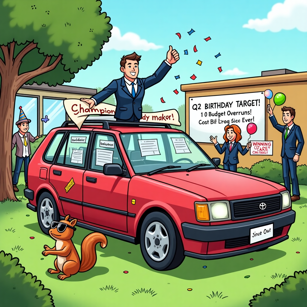 **Prompt for AI Image Generation (Cartoon Style, Funny Birthday Greeting)**

At the top of the cartoon image, write:  
**"Happy Birthday Jon – The Only Guy Who Can Cost Out a Party and Still Be the Life of It!"**

Create a vibrant, humorous cartoon image depicting:

A sunny, green front lawn outside a corporate office where Jon (cartoon style) stands triumphantly next to a gleaming, oversized Toyota that's humorously been converted into a "Boss-Mobile" — complete with a giant coffee cup holder, gold-plated cost-saving spreadsheets taped to the windows, and a banner reading "Champion Deal Maker."

Behind him, co-workers in party hats cheer while one unrolls a “Winning Performance!” banner from the office window. A whiteboard in the background reads "Q2 BIRTHDAY TARGET: 1 Cake, 0 Budget Overruns!" with confetti flying everywhere. A squirrel wearing sunglasses stands beside the Toyota holding a mini "Cost Out or Get Out!" sign.

Add visual gags like an abacus strapped to the hood, birthday balloons shaped like dollar signs, and someone handing Jon a birthday card marked “For The Best Leader Since Ever!”

Keep it PG and full of workplace-friendly humor, with bold, cheerful colors and cartoon exaggeration for a fun, cheeky tone.
Generated with these themes: Toyota, Boss, Leader, Cost out, Deal maker, Green front Lawn , Keep it PG (image and text), Winning performance, Cost savings, and Champion.
Made with ❤️ by AI.
