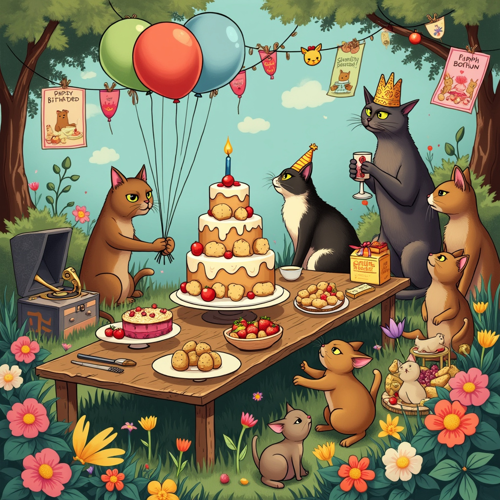 Picture a bustling, whimsical birthday party set in an enchanted garden filled with colorful, oversized flowers. In the center, there's a long, rustic wooden table laden with an assortment of delectable foods: a towering birthday cake decorated with cartoonish potato faces, a platter of tiny cat-shaped sandwiches, and bowls overflowing with vibrant fruit. 

Cats of all shapes and sizes are mingling with the guests—some are wearing party hats, while others are playfully batting at floating balloons shaped like potatoes. One particularly cheeky tabby is lounging atop a stack of presents, which are wrapped in meme-inspired wrapping paper, such as "Grumpy Cat" and "Doge" prints.

Above the scene, strings of fragrant flowers—roses, lavender, and jasmine—hang like bunting, releasing their scents into the air. There’s also a tall, lanky cat wearing a chef’s hat, presenting a freshly baked pie with a flourish. The pie, naturally, is labeled "Eau de Potato" in a fancy script and has a scent cloud wafting from it, full of tiny cartoon potatoes dancing.

In the background, a vintage gramophone sits on a small table next to a vase bursting with flowers. Nearby, a series of posters pinned to a tree feature popular internet memes, like the "Distracted Boyfriend" and "Surprised Pikachu," but reimagined with cats and potatoes.

Finally, the star of the show—a big, fluffy Maine Coon cat with a birthday crown—stands next to a fragrance counter labeled "Purr-fume," featuring tiny vials of scents like "Fresh Tuna" and "Catnip Delight," which the guests are sampling and reacting to with exaggerated, comical expressions.

This scene, bursting with quirky details and humorous elements, combines the charm of Schulz's character interactions, the imaginative whimsy of McCay's dreamscapes, and the clever, absurd humor of Larson's Far Side cartoons.
Generated with these themes: Cats, Potato’s, Fragrances, Flowers, Food, and Memes.
Made with ❤️ by AI.