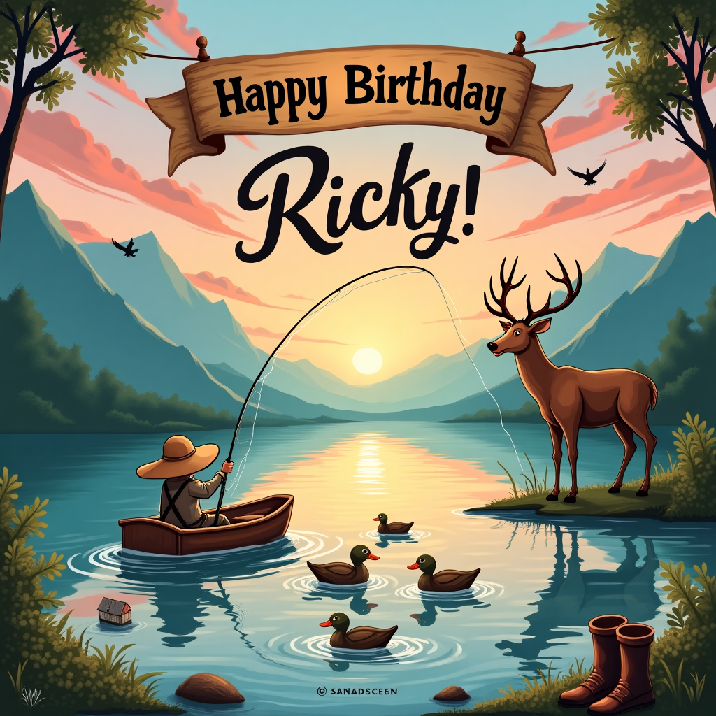 In this vibrant and humorously realistic birthday card scene, we find ourselves in a breathtaking outdoor setting bathed in the soft hues of sunrise. The calm waters of a serene lake reflect the playful dance of pink and orange streaks in the sky. In the center of the lake, there's a fisherman in a small, slightly wobbly rowboat, humorously wearing an exaggeratedly large floppy hat that obscures his face as he focuses intensely on casting his fishing line. The line is cartoonishly tangled, caught hilariously on the antlers of a majestic deer standing gracefully on the shore. The deer, unfazed by the situation, glances knowingly towards the fisherman, as if they're old pals in on a cosmic joke.

Surrounding the lake are lush green trees and imposing, yet gently sloping mountains, giving a sense of being enveloped in nature's embrace. Ducks are swimming in a synchronized formation that spells out "Happy Birthday, Ricky!" across the lake’s surface, while a flock of birds forms the letters "RICKY" in the sky with their flight pattern. In the corners of the scene, subtly placed are various hunting and fishing gear items: a fishing rod leaning against a tree, a tackle box peeking from under a bush, and a pair of comically oversized hunting boots planted near the water's edge.

A whimsical wood-grain textured banner strung between two trees reads “Happy Birthday, Ricky!” and a secondary line beneath it, in an elegant cursive font, wishes, “Wishing you the best on your special day!” For an extra touch of adventure, small icons like a grinning fish and decorative deer antlers are woven into the background, while a compass, whimsically pointing in all directions, peeks out from behind the banner, adding to the exploratory theme. This scene, rich in detail and humor, captures a playful and adventurous birthday tale for Ricky, seamlessly blending the themes of fishing, hunting, and nature’s grandeur.
Generated with these themes: A scenic outdoor setting featuring a serene lake with calm waters.  A fisherman in a small boat casting a fishing line.  Surrounding the lake, lush green trees and tall mountains create a peaceful wilderness atmosph, On the shore or near the lake, include a majestic deer standing gracefully, representing the hunting theme.  Small details like ducks swimming in the lake or birds flying in the sky add to the natural vibe.,   Color Scheme:  Use earthy tones like greens, browns, and blues to highlight nature.  Add soft sunrise or sunset hues (orange and pink) for a warm, celebratory feeling, Text:  Place the message “Happy Birthday, Ricky!” at the top or center in a bold, wood-grain textured font.  Optionally, include a secondary line like “Wishing you the best on your special day!” in a complementary, cursive font., and     Additional Accents:  Add hunting and fishing gear, such as a fishing rod, a tackle box, or hunting boots, subtly in the corners of the card.  Include small icons like fish, deer antlers, or a compass to tie in the adventure theme..
Made with ❤️ by AI.