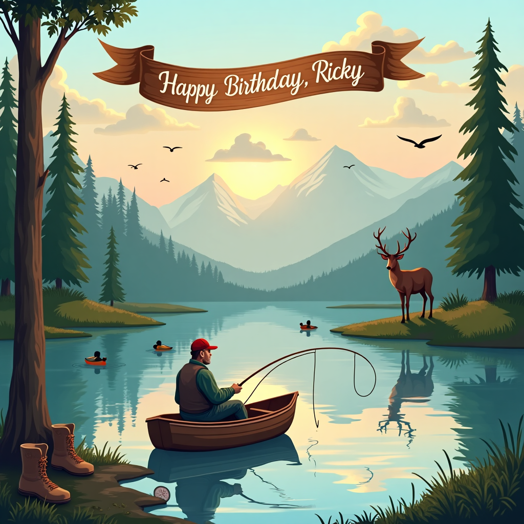 A scenic outdoor setting featuring a serene lake with calm waters.  A fisherman in a small boat casting a fishing line.  Surrounding the lake, lush green trees and tall mountains create a peaceful wilderness atmosph, On the shore or near the lake, include a majestic deer standing gracefully, representing the hunting theme.  Small details like ducks swimming in the lake or birds flying in the sky add to the natural vibe.,   Color Scheme:  Use earthy tones like greens, browns, and blues to highlight nature.  Add soft sunrise or sunset hues (orange and pink) for a warm, celebratory feeling, Text:  Place the message “Happy Birthday, Ricky!” at the top or center in a bold, wood-grain textured font.  Optionally, include a secondary line like “Wishing you the best on your special day!” in a complementary, cursive font., and     Additional Accents:  Add hunting and fishing gear, such as a fishing rod, a tackle box, or hunting boots, subtly in the corners of the card.  Include small icons like fish, deer antlers, or a compass to tie in the adventure theme. Birthday Card