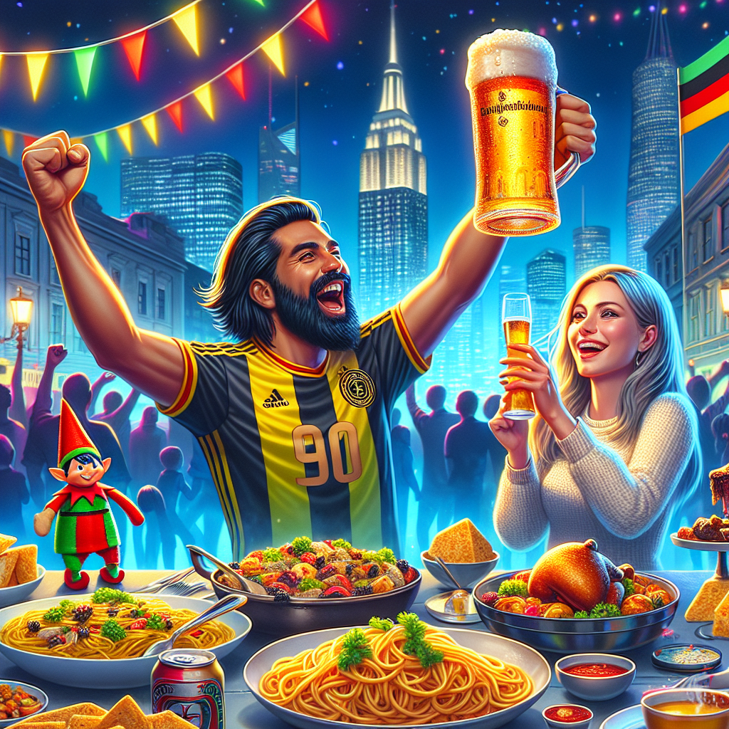 Under the glow of Munich's city lights, a football fan cheers on his team, his dark hair contrasting with the bright colors of his jersey. Beside him, a blonde woman smiles warmly, toasting to the birthday occasion with a glass of local brew. The table before them is set with an Italian feast, a nod to their love for pasta, while a small Pumuckl toy stands mischievously off to the side. Strung above, a banner proudly reads 'Tobi und Ike', personalizing this joyous event.
Generated with these themes: Munich, Couple, Blonde woman, Dark haired man, Footballfan, Pumuckl, and Pasta.
Made with ❤️ by AI.