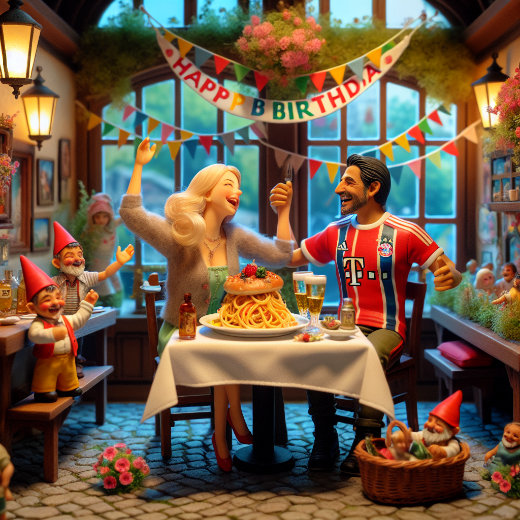 A cozy Munich bistro sets the scene, adorned with birthday decorations. In the center, a couple is happily engaged in celebration. The woman, with her sunny blonde hair, shares a laugh with a dark-haired man sporting a FC Bayern Munich jersey, signaling his ardor for football. On the table, a hearty plate of pasta is the centerpiece, flanked by two small Pumuckl figurines, adding a whimsical local touch. Above them, 'Tobi und Ike' is etched in a banner, fluttering gently in the breeze.
Generated with these themes: Munich, Couple, Blonde woman, Dark haired man, Footballfan, Pumuckl, and Pasta.
Made with ❤️ by AI.