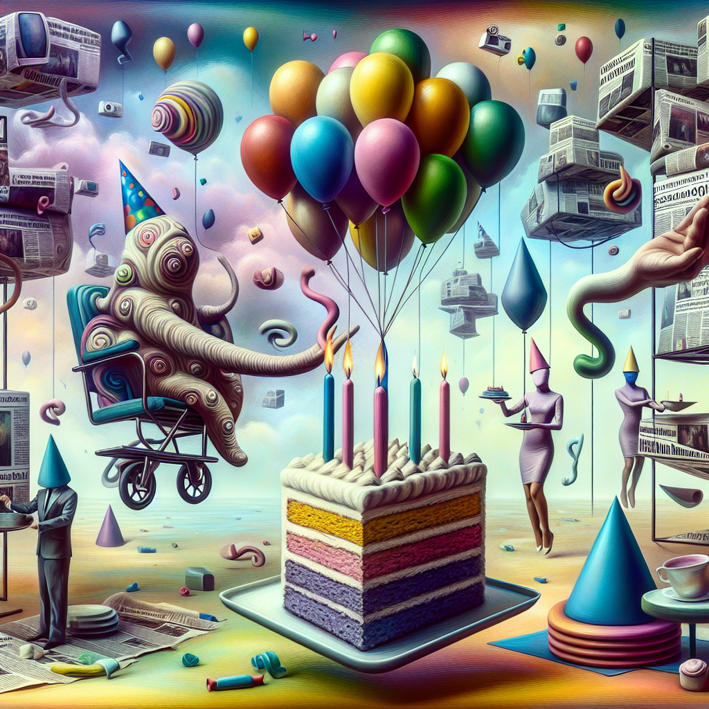 An abstract depiction encapsulates the concept of a surreal birthday celebration. In the scene, floating birthday cake pieces, distorted party hats, and strange twisted balloons hover in mid-air. The air is filled with ethereal snippets of news headlines, symbolizing an obsession with vacuous news. The scene incorporates diverse color palette ranging from bright pastels to rich jewel tones, creating a peculiar, dreamy aesthetic. The image portrays a sense of distortion and chaos reflecting a surrealistic point of view.
Generated with these themes: Fat white man brown bowl cut hair, Fat fingers, Ice cream tub, Spicy food, Rave music festival , Tv editor, Clapping, Marijuana, Ecstasy pills, Cocaine, Cycling, Sweating, One fat lower leg, Hyundai getz car, Leeds United fc, Fox, Cooking, Shanko, A cat that knows know love, Ginger haired children, Scuba diving, Incessant talking, Incessant sms messages, and Obsessed with crap news articles.
Made with ❤️ by AI.