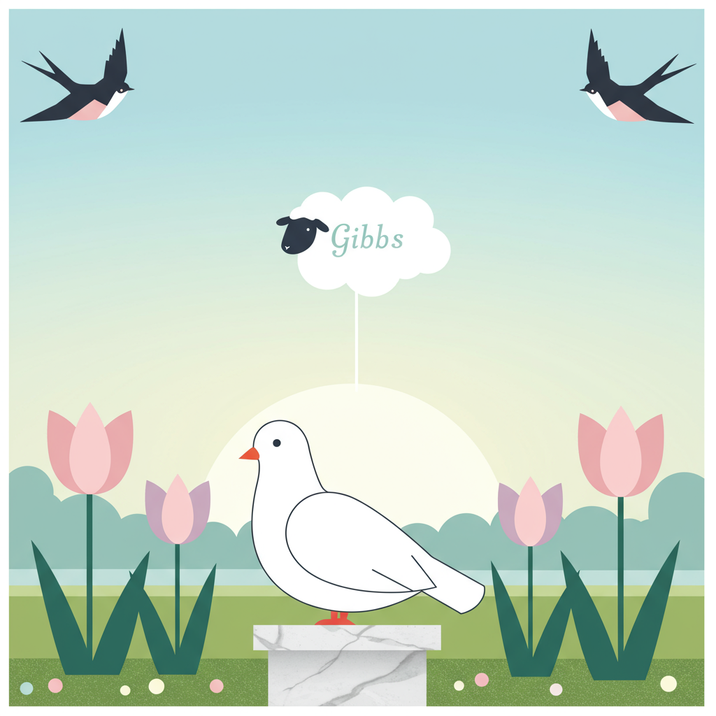 Create a sympathy card with a crisp, clean vector style. The scene is set in a serene garden with flat shapes and vivid colors. In the foreground, there's a large, elegant white dove gently perched on a marble pedestal, representing peace. The dove has soft, flat curves and simple lines, in keeping with a minimalist style.

Behind the dove, a row of stylized, flat tulips in shades of pastel pink and lavender is arranged symmetrically on either side, symbolizing remembrance. The flowers are simplified, with bold outlines and flat color fills, reflecting a Yulia Sokolova-inspired approach. Each tulip has three broad petals and a single curved leaf.

In the background, a bright, clear sky fills the upper portion of the card, using a soft gradient from light blue to pale yellow, giving a sense of a new dawn. A small, playful cloud, shaped like a cartoon sheep, floats in the sky with the word "Gibbs" inscribed on its body in elegant, sans-serif text. This adds a subtle touch of personalization and whimsy.

The ground is a flat, muted green to suggest grass, with subtle texture lines, reminiscent of Patrick Seymour’s work. In the top corners of the card, two flat, stylized birds, similar to swallows, soar into the sky, suggesting freedom and continuity. Their wings are depicted with precise geometric shapes, adding dynamic movement and balance to the composition.

The overall color palette should be soothing, using shades of white, green, pastel pinks, and blues. The design is simple yet refined, balancing Patrick Seymour's line precision with Malika Favre’s bold simplicity, creating a sympathy card that is both respectful and artistically striking.
Generated with these themes: condolence for dead mother.
Made with ❤️ by AI.