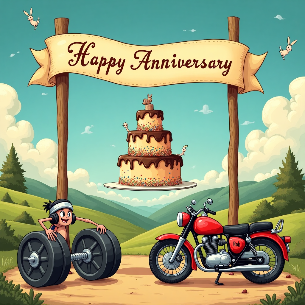 In this quirky and detailed anniversary greeting card illustration, the scene unfolds with a lively mix of gym elements and motorbikes, capturing the celebratory spirit with a whimsical twist.

**Foreground**: 
- **Gym Equipment**: In the foreground, a pair of anthropomorphic dumbbells, detailed with intricate baroque-like patterns reminiscent of Aubrey Beardsley's style, are engaged in a playful conversation. Each dumbbell sports a tiny face, complete with expressive eyes and exaggerated features. One is wearing a headband while the other sports a miniature sweatband on its handle.
  
- **Motorbike**: Beside them, a retro-styled motorbike, akin to the sleek designs of the mid-20th century, leans casually. The motorbike is painted in vibrant shades of metallic red and chrome, with delicate swirls and flourishes nodding to Arthur Rackham’s intricate detailing.

**Midground**:
- **Banner**: Suspended in the air is a celebratory banner, flowing gracefully with the words "Happy Anniversary" in an elegant script. Just beneath this text, in a quirky twist, the name "Rob" is creatively woven into the design, perhaps camouflaged within the swirling patterns of the banner itself.

- **Barbell Cake**: Centered in the scene is a towering cake designed like a barbell. The 'weights' are tiers of rich chocolate and vanilla, with colorful sprinkles cascading down the sides. The bar connecting them is a sculpted piece of white chocolate, adding a touch of whimsy and creativity.

**Background**:
- **Sky**: The sky is painted in a gradient reminiscent of Maxfield Parrish's signature style, transitioning from deep azure at the top to a soft, warm peach near the horizon. Delicate wisps of clouds curl around, almost forming hidden shapes and figures if one looks closely enough.

- **Landscape**: The background landscape features rolling hills with a hint of Beatrix Potter's charm, where tiny rabbits or whimsical creatures peek curiously at the festivities. The lush greens are interspersed with vibrant wildflowers, adding pops of color throughout the scene.

Overall, this illustration brings together the rich storytelling detail of Maurice Sendak and the playful expressiveness of Quentin Blake, creating a dynamic and engaging scene that captures the unique blend of gym culture and motorbikes in celebration of an anniversary.
Generated with these themes: Gym, Motorbikes, and .
Made with ❤️ by AI.
