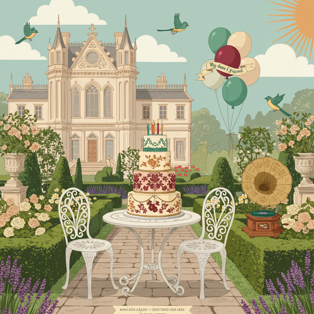 Visualize a Victorian-era garden, adorned with elements of grandeur and whimsy. The background features a stately Victorian manor with tall, narrow windows and ornate detailing, rendered in soft pastels of dusty pink and antique white. A lush, manicured garden stretches out in the foreground, with meticulously trimmed hedges and blooming flowerbeds of lavender, roses, and peonies in hues of soft lilac, warm ivory, and gentle blush.

Amidst this scene, a vintage wrought iron table and chairs, painted a crisp, powdery white, sit elegantly on a cobblestone path. Atop the table is a decadent, three-tiered birthday cake, decorated with intricate patterns reminiscent of Victorian wallpaper, in colors of deep burgundy, gold, and ivory. A ribbon banner unfurls across the top tier of the cake, with "My dear friend" inscribed in an elegant, cursive script in a rich emerald green.

Floating whimsically in the air are stylized, flat vector-style balloons in shades of mint, cream, and maroon, their strings gently tethered to the table's edge. To the side, a vintage gramophone is illustrated with sleek lines and precise angles, rendered in muted gold with a touch of rust. Garden birds, depicted with simple yet vibrant shapes, flit among the scene, their feathers in shades of teal and mustard.

The sky above is a smooth gradient of soft periwinkle to powder blue, with a subtle scattering of white clouds, flat and outlined with a thin line for definition. To the right, a stylized sun peeks over the manor's roof, its rays sharp and geometric, in a gradient of golden yellow to a soft peach.

A meaningful birthday message is subtly integrated into the scene, perhaps etched onto the garden's stone pathway or subtly woven into the intricate details of the cake's decoration, written in an understated yet refined serif font.
Generated with these themes: British victorian style, Meaningful birthday message, and Garden.
Made with ❤️ by AI.
