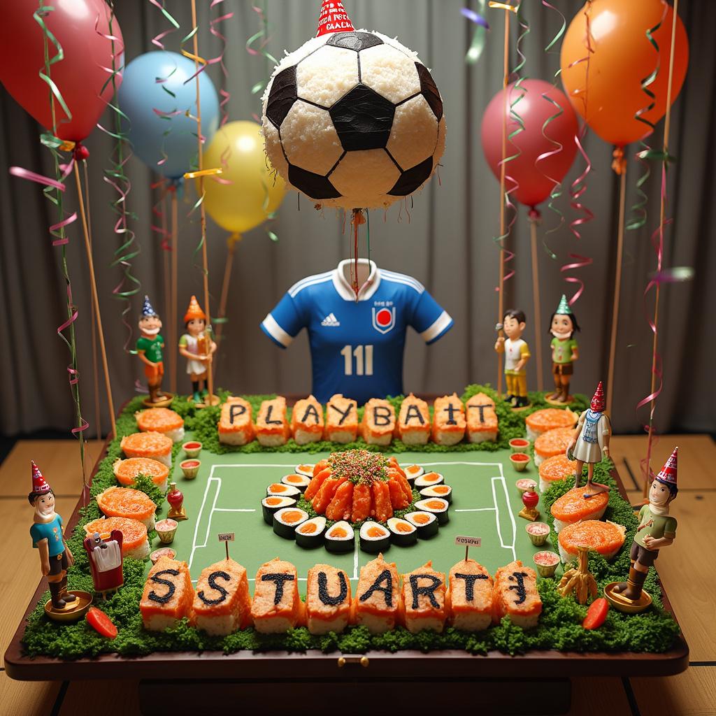 The second variation presents an elaborate birthday feast on a low, traditional Japanese table, where Stuart's name is neatly sketched onto the football-shaped rice balls. Positioned in the center of the scene is a spectacular sushi platter arranged to mimic the layout of a football field, complete with soy sauce dish goalposts and pickled ginger spectators. The Japan football shirt is cleverly integrated into the scene as napkins, folded to resemble the iconic blue samurai jersey design, complete with a small 'Stuart' name tag on the chest. Above the table, a complex network of colorful streamers converges into a cartoonish football piñata, waiting to be struck. And in the background, drifting through the scene, are helium balloons twisted to mimic the cartoon faces of famous Japanese football players, each donning Stuart's party hat.
Generated with these themes: Japan football shirt.
Made with ❤️ by AI.