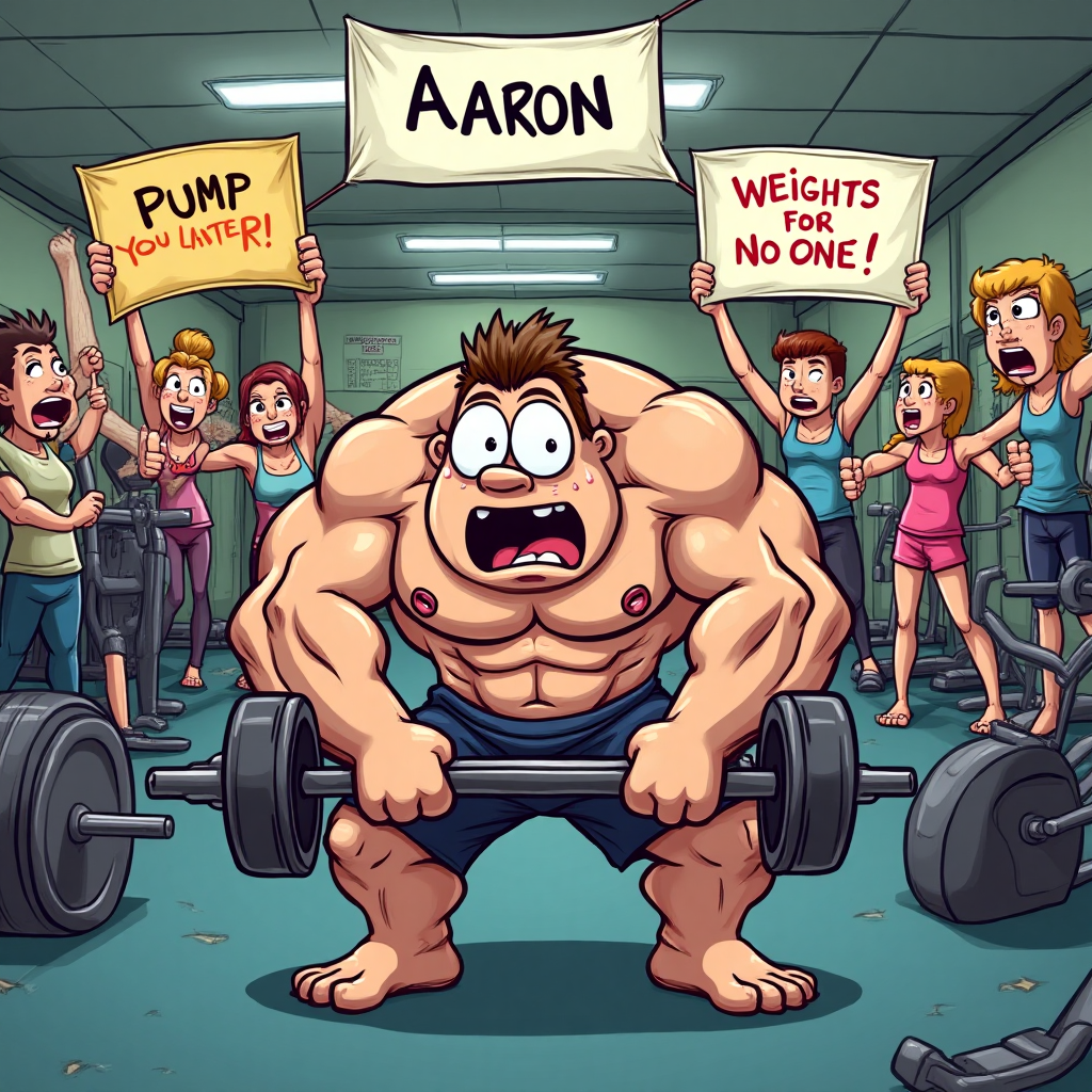 ### Image Prompt

At the top of the Cartoon Style image, include the text: "Sorry your leaving Aaron".

Imagine a playful gym scene, where a cartoon character with exaggeratedly large muscles is lifting an enormous, comically heavy dumbbell. The character is sweating profusely, their eyes bulging comically, and they are clearly struggling but determined. In the background, other gym-goers, also in cartoon style, are cheering and waving farewell banners that say things like, "Pump You Later!" and "Weights for No One!" 

The entire scene is filled with vibrant colors, thick outlines, and features lively, energetic poses. The gym equipment is whimsically exaggerated, like an elliptical that's more like a roller coaster.  

At the bottom of the image, add a small, cheeky caption: "Gains were made, but you'll be missed, Aaron!"
Generated with these themes: Fitness, Weights, and .
Made with ❤️ by AI.
