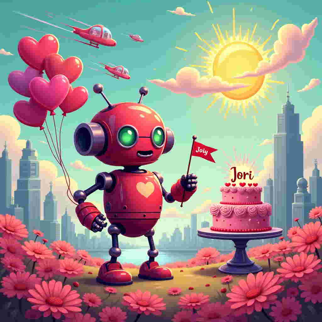 In the center of the greeting card, a cartoonish robot with an oversized head and googly eyes stands, its metal arms bent in a wide embrace. The robot’s body is painted in shiny red and pink hues, with heart-shaped gears visible through a clear chest panel, echoing a playful mechanical theme. One arm holds a bouquet of heart-shaped balloons, each balloon a different vibrant color, floating whimsically above.

Behind the robot, a backdrop of a bustling futuristic cityscape stretches out, crafted in a blend of bright pastel colors. Skyscrapers with soft, rounded edges rise up, their tops adorned with oversized, blinking neon hearts. Flying cars zoom through the sky, painted in candy-like shades of turquoise and lavender.

In the foreground, a large cake sits on a table, each tier whimsically lopsided, frosted in layers of pink and purple swirls. On the top of the cake, sparklers sizzle, sending colorful sparks into the air, and perched on the side of the cake is a small flag with the name "Jori" elegantly scripted in a bold, playful font.

Floating above the scene, fluffy clouds form the shape of hearts, their edges highlighted with a radiant gold lining. These clouds cradle the sun, which has a cheerful, exaggerated face akin to a classic comic sun, wearing oversized sunglasses. In the sky, a flock of robotic birds with tiny propellers on their backs soar, trailing ribbons of rainbow colors.

The ground is covered in a field of oversized daisies, each flower petal painted in shades of red and pink. Scattered among the flowers are tiny, heart-shaped ladybugs, adding a whimsical touch. A river meanders through this floral field, its water a shimmering gradient of blues and purples, reflecting the colorful scene above.
Generated with these themes: Robot.
Made with ❤️ by AI.