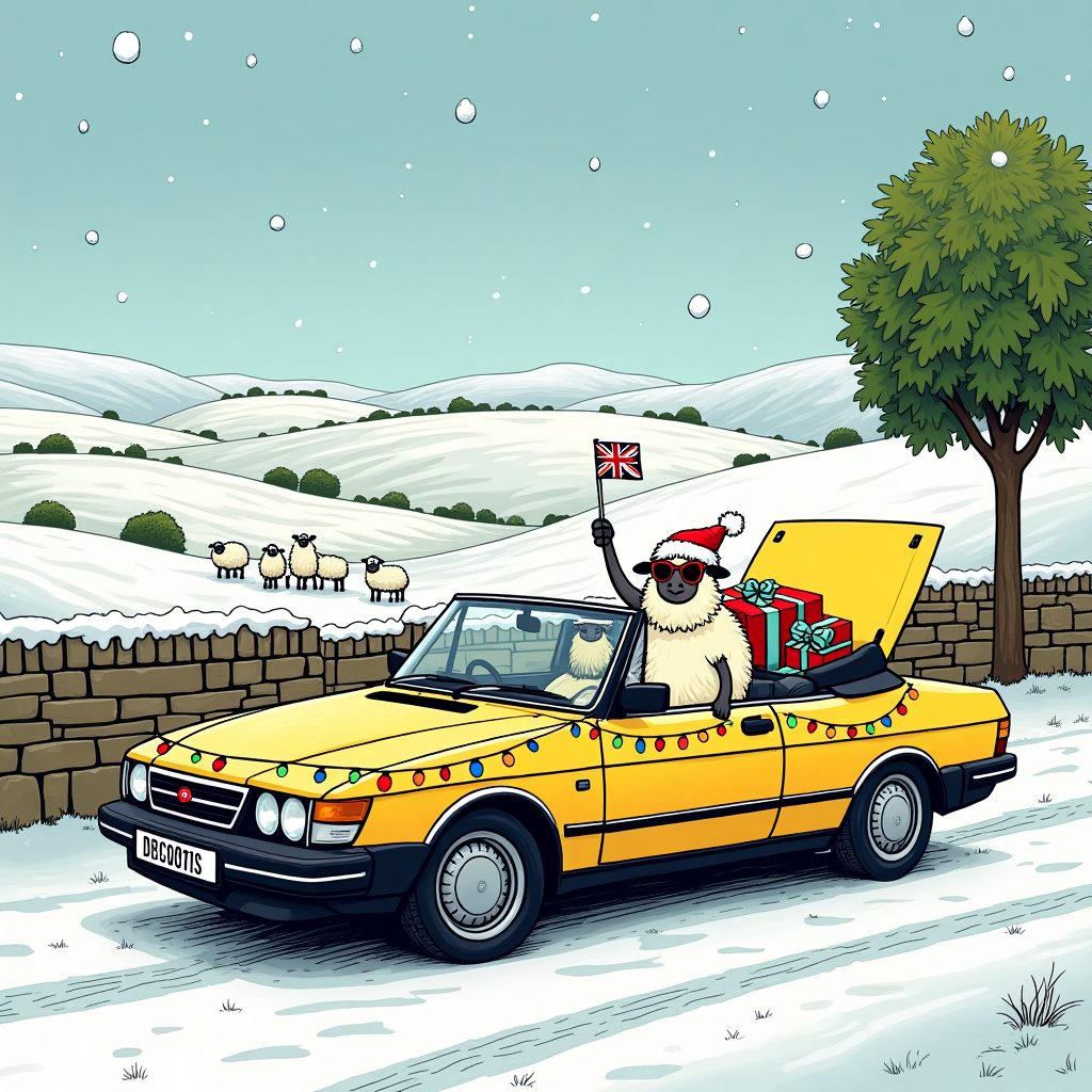 In the heart of the picturesque Yorkshire Dales, beneath a sky that's dusted with fluffy snowflakes, stands a bright yellow Saab 900 Turbo convertible, parked on a winding country road. The car is decorated with a string of twinkling Christmas lights draped around its sleek frame, their vibrant colors reflecting off the snow-covered ground. Behind the car, rolling hills stretch as far as the eye can see, their slopes dotted with small, frolicking sheep, each wearing a festive Santa hat. To the right of the scene, an oversized Monstera plant stands out hilariously amidst the wintery landscape, its giant green leaves poking awkwardly through the snow. In the driver's seat of the convertible, a cheeky sheep wearing oversized aviator sunglasses is waving a small Union Jack flag in one hoof. The car's trunk is popped open, revealing a mound of brightly wrapped Christmas presents, with a few gift boxes playfully teetering on the edge, about to tumble out. The whole scene is framed by a rustic stone wall that weaves through the foreground, completing the cozy, comical tableau. The illustration is brimming with detail, drawing inspiration from the whimsical linework and narrative charm reminiscent of Bill Watterson's "Calvin and Hobbes" and Gary Larson's "The Far Side."
Generated with these themes: Yorkshire Dales, Yellow Saab 900 turbo convertable, Monstera, Sheep, and Christmas .
Made with ❤️ by AI.