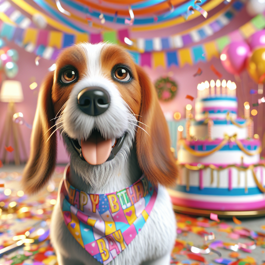 Render an image showing a lively party scene decorated for a birthday celebration with vibrant decorations adorning the background, a massive festive cake and confetti scattered around. In the foreground, there's an animated Petit Basset Griffon Vendéen, an adult dog with a sleek white and tan coat. Its affectionate brown eyes gentle, it's wearing a multicolored birthday bandana, and its tail is wagging in enthusiasm, visibly adding to the jolly atmosphere of this special occasion.
.
Made with ❤️ by AI.