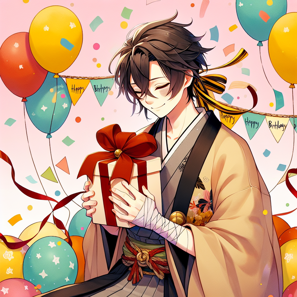 A heartwarming illustration features a young man in historic Japanese attire surrounded by a playful birthday atmosphere. Party streamers and vibrant balloons float around him as he gently grips a gift box. His usual serious expression is replaced with a joyful grin, and a subtle 'Happy Birthday' banner drapes in the background, complemented by a cascade of colorful confetti.
Generated with these themes: Muichiro Tokito.
Made with ❤️ by AI.