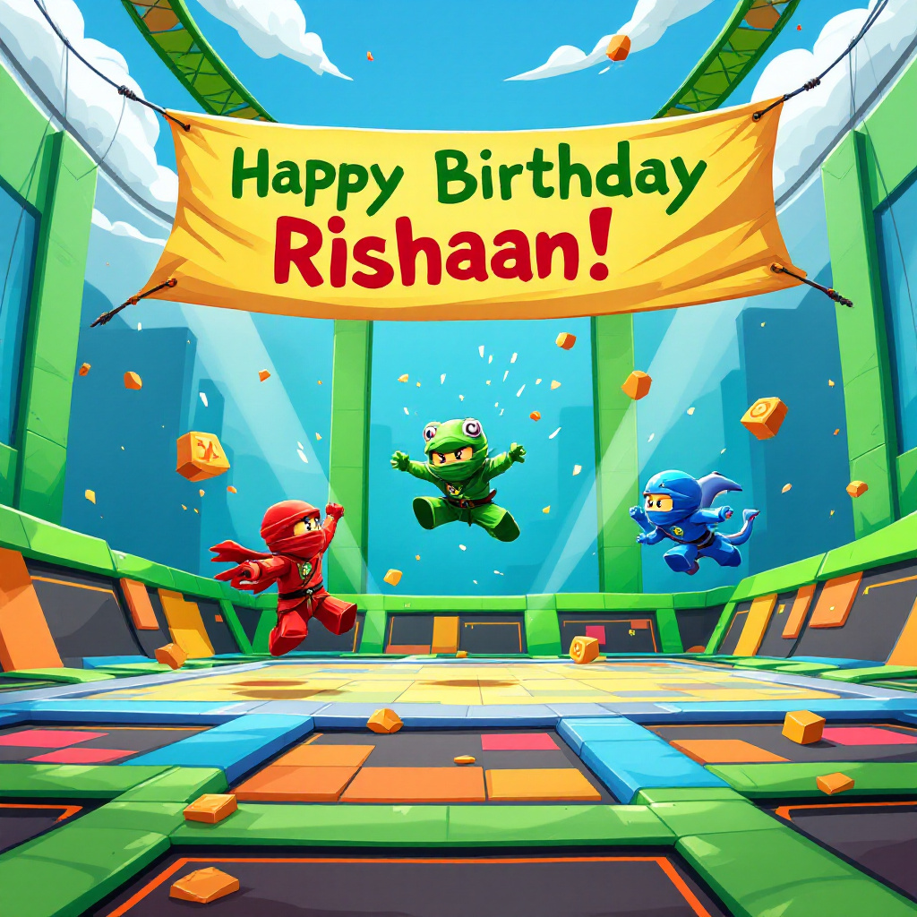 In this vibrant and whimsical cartoon birthday scene, the action unfolds in an imaginary dojo situated at the Altitude Skokie trampoline park, blending elements of Taekwondo, Ninjago, and a sky-high celebration. Picture a sprawling trampoline area with a backdrop of soaring walls painted in shades of blue and green to emulate the dynamic energy of a dojo. The trampoline surface itself is a mosaic of bold, colorful squares, providing the perfect stage for the antics of our characters. At the center, a group of lively cartoon ninjas, reminiscent of Ninjago characters, are engaged in a playful Taekwondo sparring match. They are mid-air, flipping and striking, each adorned with bright costumes: one in red with a dragon emblem, another in green with a playful frog, and a third in blue with a leaping dolphin. Above them, a large, vibrant banner floats gently, reading "Happy Birthday Rishaan!" in bold, bubbly letters, as if supported by invisible wires. The letters are in a kaleidoscope of colors, echoing the playful chaos of the scene. In the sky, fluffy clouds are shaped like various martial arts symbols—kicks, fists, and yin-yangs—while tiny ninja stars twinkle like stars, dotting the sky with metallic glints. Off to the side, a cartoonish birthday cake on a table shaped like a trampoline is decorated with bouncing figures and tiny figurines of ninjas leaping over icing obstacles. On the cake, the name "Rishaan" is skillfully written with sparklers that give the illusion of being mid-battle, the sparks forming into a shower of golden glitter. The entire scene is set within the vibrant, imaginative universe reminiscent of the energy and humor found in Calvin and Hobbes comics, with a nod to the whimsical and detail-rich worlds of Schulz and Disney.
Generated with these themes: Taekwondo , Ninjago, Trampoline , and Altitude Skokie.
Made with ❤️ by AI.