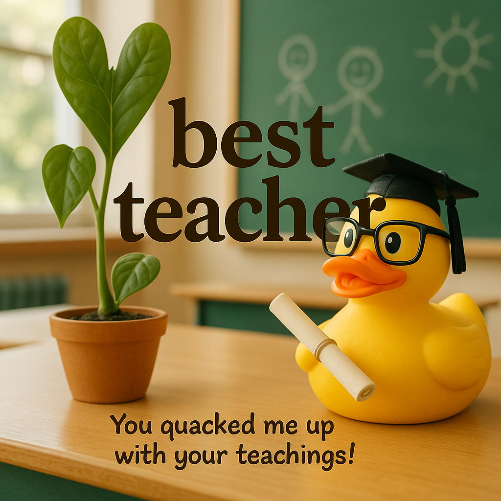 ### Image Prompt

At the center of the Photorealistic picture taken from a camera image, in large, legible text that does not touch or go beyond the edge, write **best teacher**. Ensure the text is fully visible with padding so none of it is cropped.

---

Imagine a whimsical classroom setting. On the teacher's desk, there is a humorous scene: a life-size rubber duck styled with a playful face, wearing thick-rimmed glasses and a graduation cap, and holding a small, rolled-up scroll in its beak. This comical duck is positioned beside a potted plant whose long, leafy tendrils form the silhouette of a playful willy, but done in an innocent, cheeky manner with leaves covering any suggestiveness.

The classroom is filled with natural light streaming through the windows, illuminating the playful duck and plant duo. The depth of field focuses sharply on this amusing pair, blurring the background, which features a chalkboard with doodles of stick figures and a sun.

In the bottom corner of the image, include a small, playful text in whimsical font that reads: "You quacked me up with your teachings!"
Generated with these themes: Your a dick, Willy, and .
Made with ❤️ by AI.