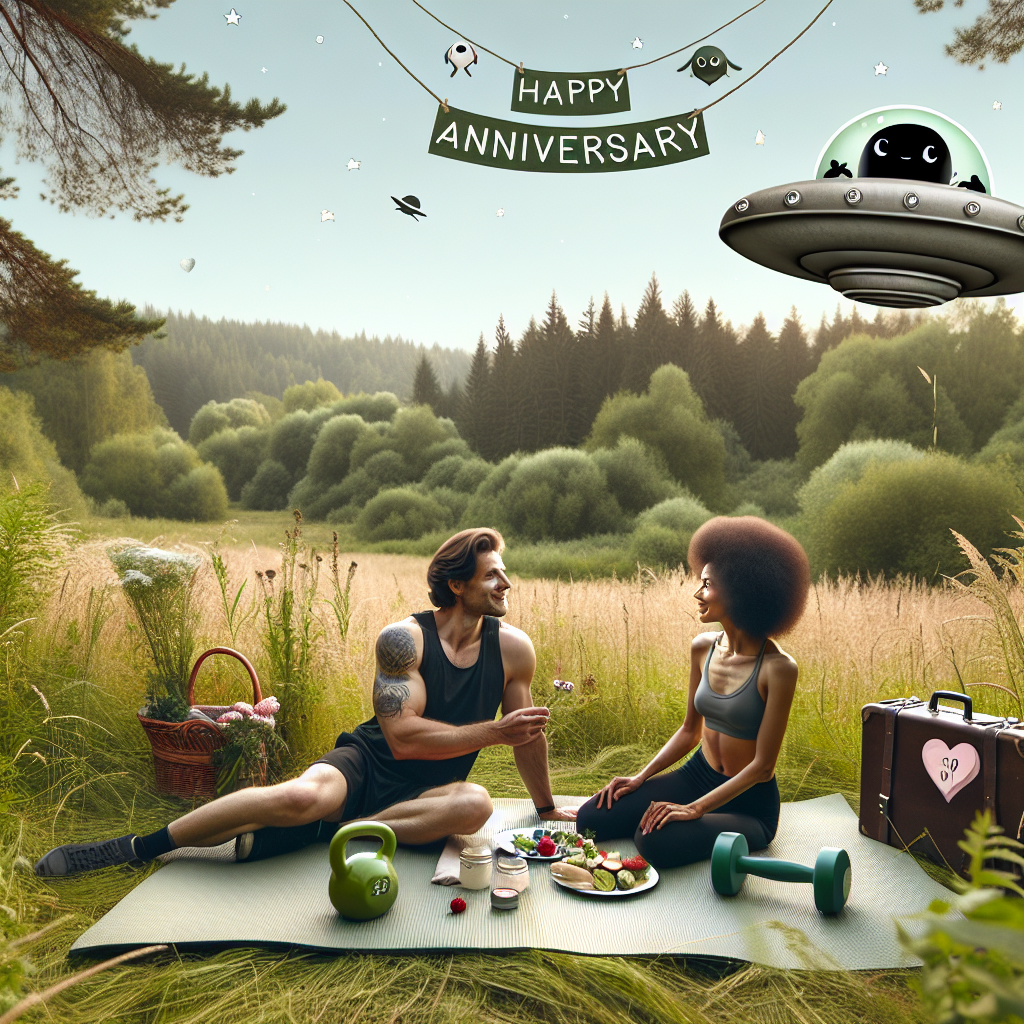 An image depicting a heartwarming anniversary scene. A Caucasian man and Black woman share a delightful picnic on a gym mat, set against a serene backdrop of wild vegetation in the great outdoors. Despite being in a field, gym accessories such as dumbbells and yoga mats are subtly placed within reach, symbolizing their shared interest in fitness. Above them, a UFO designed with adorable features and flying banners marking the anniversary adds an element of playful whimsy. The tranquil atmosphere and lush natural surroundings further emphasize their mutual love for nature.
Generated with these themes: UFO, Weed, and Gym.
Made with ❤️ by AI.