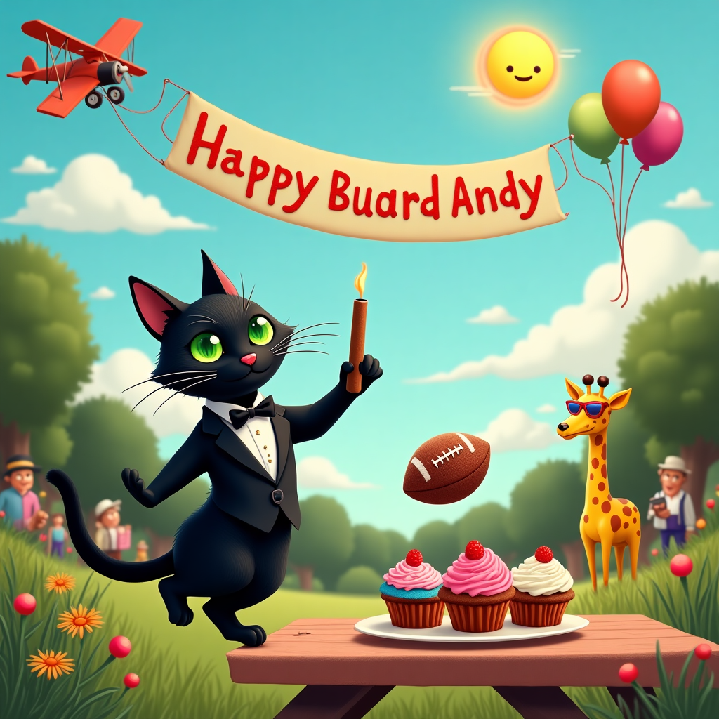 In a bustling, whimsical garden party scene, a black cat with a sleek coat and mischievous glint in its emerald eyes is mid-leap, elegantly balancing a half-smoked cigar on its paw like a waiter presenting a fine delicacy. The cat is clad in a tiny, dapper tuxedo with a satin bow tie, humorously contrasting with its playful antics. Nearby, a football is rolling across a picnic table, knocking over an array of brightly-colored cupcakes. One cupcake, whimsically frosted to resemble a football, teeters on the edge, its fate comically uncertain. Above, in the vivid blue sky, a banner floats, trailing behind a small vintage biplane, its letters formed by fluffy white clouds spelling out "Happy Birthday Andy!" The birthday boy's name is accentuated with a rainbow of balloons tethered to the letters, swaying gently in the breeze. A cheerful sun with a winking face peeks over a horizon of cartoonish hills, bathing the entire scene in a warm, golden glow. In the background, caricatures of partygoers, including a hipster giraffe wearing sunglasses and a funky hat, watch the cat's antics with delight. The scene is a vibrant tapestry of whimsy and humor, each element meticulously crafted to weave together the story of Andy's unforgettable birthday moment.
Generated with these themes: Black Cat, Football, and Cigar.
Made with ❤️ by AI.