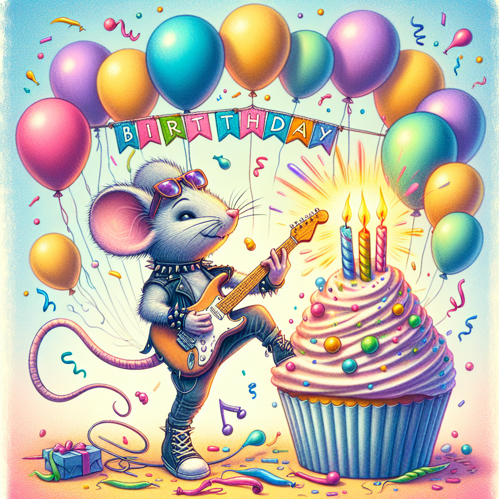 Imagine a creative, colorful birthday-themed design. At the focus of this fun scene, a mouse with an edgy, rock 'n' roll personality takes the spotlight. He wears a studded collar and confidently strums on an electric guitar that seems to resonate with raw energy. Surrounding him, balloons of all shapes and sizes float carefree, carrying a cheerful birthday banner. The spirited mouse stands triumphantly atop a generously frosted cupcake, sporting a playful, curled tail that adds to the overall whimsicality of the scene.
Generated with these themes: Heavy metal, and Mouse.
Made with ❤️ by AI.