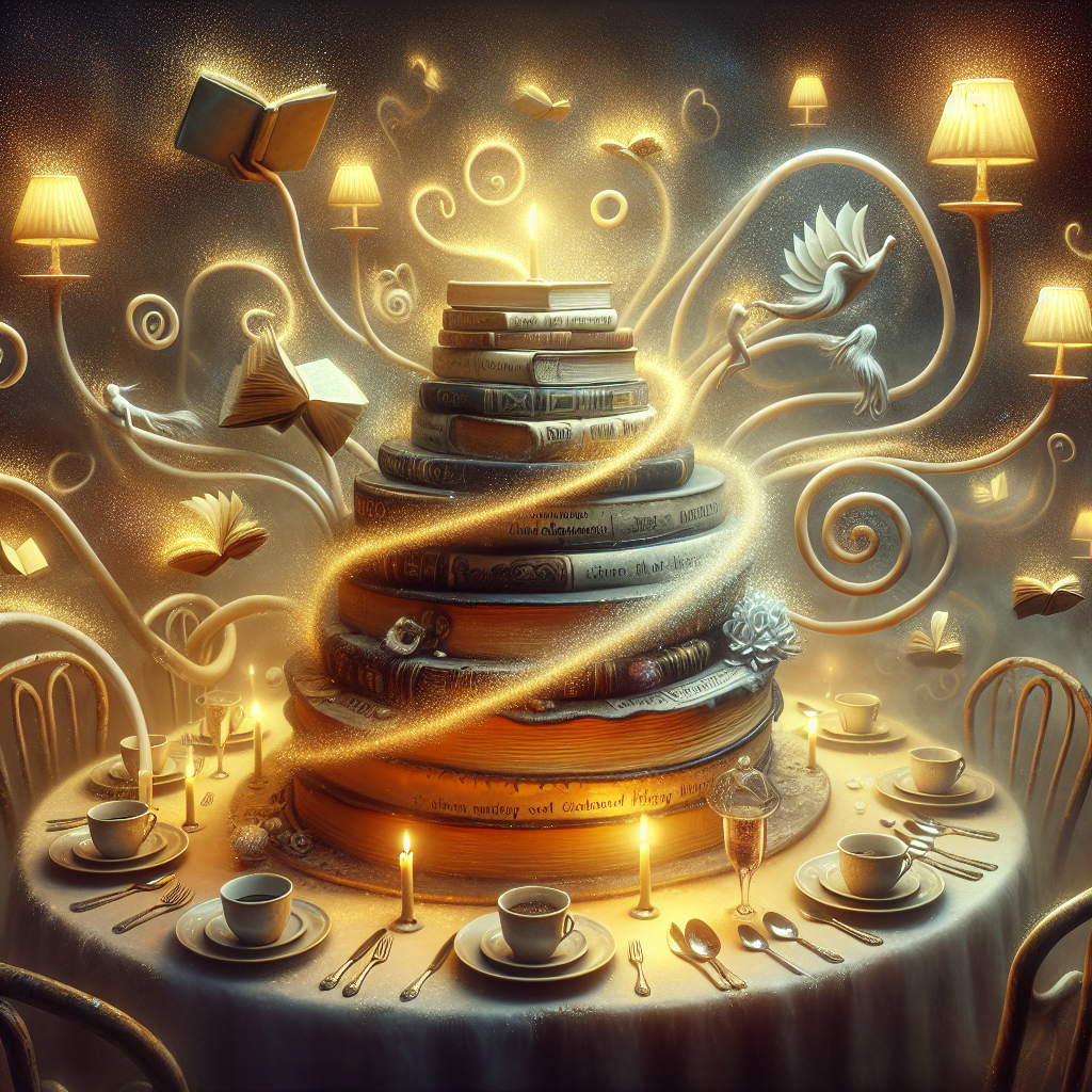 Create a surrealist illustration of a birthday theme. The centerpiece of the scene is an eccentric cake that resembles a spiral stack of both old and modern books, their titles glowing in a golden hue with narratives seeming to unravel onto the mystical dining setup meant for the celebration. The 'frosting' appears to weave across the book spines, taking form through clever wordplay and metaphors that sparkle like sugar in the softly illuminated, paradoxical setting. Dainty reading lamps serve as table decor, exuding a friendly, welcoming glow. Around the cake, hazy figures of much-loved characters from literary works move, hover, and toast with glasses brimming with ink in tribute to the bibliophile's festive scenario.
Generated with these themes: Books cake.
Made with ❤️ by AI.