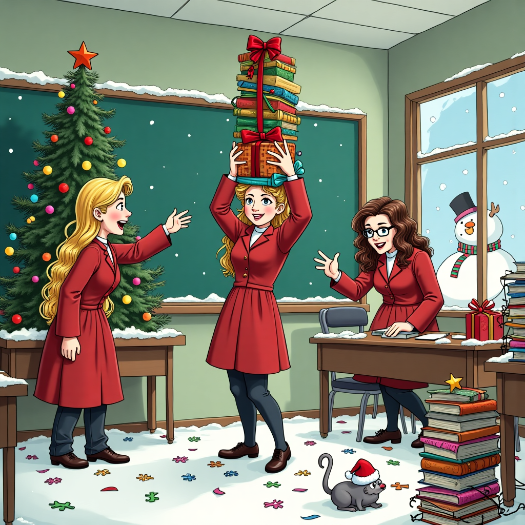 In a whimsical winter classroom set within a snowy wonderland, we find four female teachers engaged in a hilariously chaotic pre-holiday moment. The classroom is decked out in over-the-top holiday decor reminiscent of a Charles Schulz-inspired backdrop, complete with twinkling lights and cartoonishly oversized ornaments hanging from the ceiling. At the front of the room stands a teacher with long blonde hair, her expression one of sheer delight, as she mischievously attempts to untangle herself from an overzealous Christmas tree that seems to have wrapped its branches around her like a hug. Another blonde-haired teacher is nearby, trying to steady a stack of presents precariously balanced on her head, each wrapped in vividly colored paper with oversized bows, echoing a scene from a Bill Watterson sketch.

Meanwhile, a curly-haired teacher is at the blackboard, which is now festively transformed into a snow-covered chalkboard, drawing a cartoonish reindeer with an impressive red nose that resembles a scene straight out of Osamu Tezuka’s imagination. Her hand is smudged with colorful chalk, as if she has been adding festive doodles all day. In the back, the long brown-haired teacher is wrestling with a string of lights, comically tangled around her, channeling the slapstick humor of a Gary Larson illustration. Her glasses are perched precariously on the tip of her nose as she peers at the tangled mess, with a small, animated cat batting at the loose ends, adding a playful touch to the scene.

To the side, a window reveals a gently falling snow outside, with the silhouette of a snowman, complete with a crooked carrot nose and a top hat, nodding to the imaginative dreamscape style of Winsor McCay. The floor is littered with a mix of festive confetti and colorful paper snowflakes, reminiscent of a scene from a vintage Walt Disney animation. A cheeky mouse, reminiscent of a character from a Hergé adventure, peeks from behind a stack of books, clutching a tiny Santa hat, adding a final touch of charm to this comically chaotic Christmas card scene.
Generated with these themes: 4 female teachers, 2 with lon blonde hair, 1 with curly hair en 1 with brown long hair.
Made with ❤️ by AI.