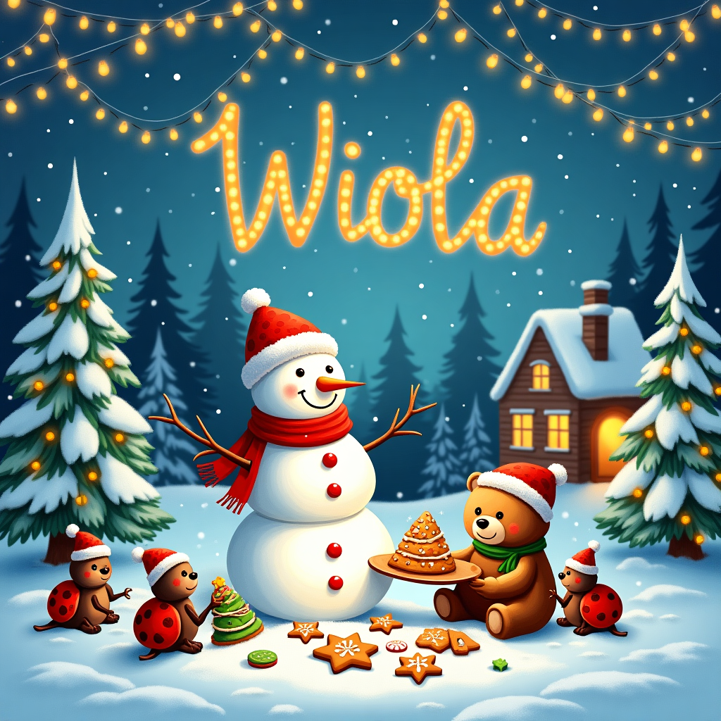 In this whimsical and charming Christmas card illustration, we delve into a snowy wonderland where the spirit of the season is captured by a delightful and unusual scene. At the forefront, a group of tiny, industrious ladybugs don vibrant red and green winter hats and scarves, busily constructing a snowman with a twist—a teddy bear snowman! The snowman's round belly and stubby arms are skillfully crafted from snow, and the ladybugs have carefully placed buttons down the front using chocolate chips, with a warm and welcoming smile formed by licorice strings. Its eyes gleam with cheer, made from sparkling sugar crystals. Next to the snowman, a real teddy bear, adorned with a tiny Santa hat, sits perched on a mound of snow, offering a tray of freshly baked gingerbread cookies shaped like little Christmas trees and stars. The cookies are beautifully decorated with colorful icing and candies, glistening under the crisp winter sky.

In the background, a picturesque Christmas scene unfolds. Twinkling fairy lights drape from snow-laden pine trees, casting a warm glow across the white landscape. The sky above is a rich tapestry of twilight blues and purples, dotted with shimmering stars, and amid this celestial canvas, the name "Wiola" is artfully formed by the wispy trails of clouds, elegantly swirling and weaving through the night sky. This creative touch not only personalizes the card but also adds an ethereal magic to the entire scene. A quaint cottage peeks out from behind the trees, its windows glowing with the soft, inviting light of a cozy fireplace, promising warmth and joy inside. This enchanting scene perfectly captures the essence of a whimsical, storybook Christmas, blending classic charm with imaginative elements that are sure to bring a smile to the recipient's face.
Generated with these themes: Ladybugs making a teddy snowman, Snowman teddy bear, Christmas scene, and Baking ginger bread.
Made with ❤️ by AI.