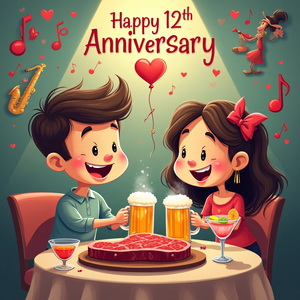 ### Prompt for Image

At the top of the Cartoon Style image, include the text: "Happy 12th Anniversary"

Imagine a whimsical and colorful scene where two playful cartoon characters, a couple, are celebrating their anniversary. The couple, with exaggerated and cute proportions, are in a lively setting that combines elements of love, music, steak, cocktails, and beer.

The characters are sitting at a small round table in a vibrant and cozy setting. On the table, there is a deliciously oversized steak, sizzling with aroma and illustrated in rich, juicy tones. Surrounding the steak, two frosty beer mugs clink together, forming little heart-shaped froth above them. Next to the mugs, fancy cocktails in quirky glasses add a splash of color, with little umbrellas and fruit garnishes peeking out.

In the background, a tiny cartoon band with a saxophonist and a pianist plays a lively romantic tune. Music notes and little hearts float through the air, creating a playful and loving atmosphere.

The couple gazes at each other lovingly, their eyes sparkling with joy and laughter. They're both holding oversized cutlery, about to dig into their meal, adding a fun twist to the scene.

Add a cheeky caption at the bottom of the image that reads: "Steaks are high, but our love's even higher!"
Generated with these themes: Love, music, steak, cocktails, beer, and .
Made with ❤️ by AI.