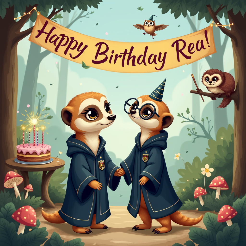 In the heart of an enchanted woodland clearing, a whimsical birthday scene unfolds with a cartoonish flair. At the center, a cute meerkat and an adorable sloth stand hand in hand, both clad in charming, oversized Harry Potter-style robes. The robes are deep navy blue with embroidered silver stars and a crest featuring a wand and a tiny birthday cake. The meerkat, with its bright eyes and perky ears, looks upwards with a playful grin, while the sloth, perched on a low branch, beams through round, oversized glasses that sit precariously on its nose. The sloth's robe is slightly crumpled and stained with ink splotches, adding a touch of endearing chaos to its gentle appearance.

Above them, a vibrant, floating birthday banner weaves through the trees, with the words "Happy Birthday Rea!" written in bold, swirling letters that mimic magical smoke trails. The letters seem to twinkle, catching the light filtering through the tree canopy. Behind them, the sky is a pastel masterpiece, with clouds gently shaped like spell books and wands floating by, subtly nodding to the wizarding world. A pair of friendly owls, one wearing a tiny party hat, hover in the background, delivering a parcel wrapped in twinkling paper.

The ground is dotted with toadstools and flowers, with tiny, twinkling fairy lights strung between them. In the background, there's a cake on a small, rustic table, decorated with sugar owls, and sparklers spelling out "Rea" on top, sparkling with a gentle crackle. This magical forest is bustling with small, joyful critters peeking from behind leaves, some with tiny wizard hats, adding layers of whimsy to this enchanting scene.
Generated with these themes: A cute meerkat is saying happy birthday to a cute sloth, They are both wearing Harry potter style robes, and They are both smiling, and they are both holding hands, and The sloth has glasses .
Made with ❤️ by AI.