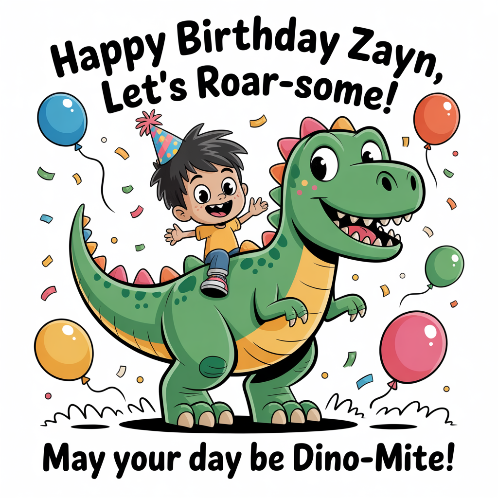 At the top of the image, "Happy Birthday Zayn, Let's Roar-some!":

At the bottom of the image, "May your day be Dino-mite!"

- Create a vibrant cartoon scene featuring a playful dino boy with a spiky tail and tiny arms, wearing a party hat. He is joyfully riding on the back of a friendly, oversized dinosaur, both surrounded by colorful balloons and confetti. The dinosaur is smiling widely, exuding a sense of fun and adventure.
Generated with these themes: Dinosaur , dino boy, and .
Made with ❤️ by AI.