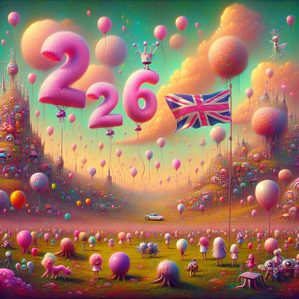 Picture a fantastical landscape where the skyline blossoms into a swirl of pastel shades. A whimsical and surreal cartoonish birthday stage takes form in this reverie. A variety of eccentric, imaginative characters of all shapes and sizes congregate, their gazes fixed on a spectacle in the sky: a multitude of balloons are ascending, with a glittering '26' taking center stage. Hovering above them, a Union Jack flag unfurls, its colors reimagined in vivid pinks and twinkling adornments. The grassy underfoot is speckled with patches that glint as though sprinkled with pink fairy dust, shimmering under the peculiar, other-worldly light of this fantastical birthday celebration.
Generated with these themes: Union Jack , Pink , Glitter, Balloons , and 26 .
Made with ❤️ by AI.