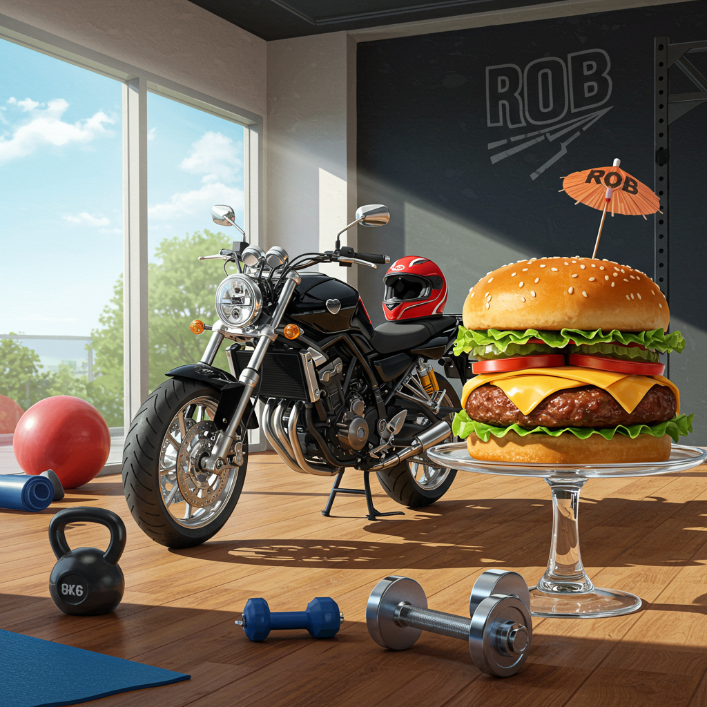 Front Cover Illustration:

Visual Scene: 

1. **Background**: A vivid gym interior that seamlessly transitions into an outdoor area. On the left side, the gym has a large glass wall, giving a clear view of the outside. Through the glass, a bright blue sky and lush green trees are visible. The indoor gym has a smooth wooden floor with scattered pieces of gym equipment like a shiny black kettlebell, a red exercise ball, and a blue yoga mat. The gym wall is adorned with a motivational banner reading "ROB" in bold, white letters.

2. **Central Focus**: At the center, a sturdy, glossy black motorbike leans on its kickstand. It's detailed with chrome accents and has a sleek, muscular design. A shiny red helmet hangs on one of the handlebars. A small, heart-shaped decal on the fuel tank adds a touch of festivity to the anniversary theme.

3. **Foreground Elements**: To the right of the motorbike, there's a tall, glass pedestal holding a gourmet burger. The burger is layered with a golden-brown bun, vibrant green lettuce, juicy red tomatoes, a perfectly cooked beef patty, and a slice of melted cheddar cheese. A small cocktail umbrella with "ROB" written on it sticks out of the top bun, adding a whimsical element.

4. **Additional Details**: Near the burger, a pair of dumbbells lies casually on the ground, painted in bright metallic silver. The whole scene is illuminated by natural sunlight pouring through the gym's glass wall, casting dynamic shadows on the floor and highlighting the textures of each object.

This cover combines the themes of gym, motorbikes, and burgers with the special touch of "ROB" integrated into the design, creating a unique and visually striking anniversary greeting card front.
Generated with these themes: Gym, Motorbikes, and Burgers.
Made with ❤️ by AI.