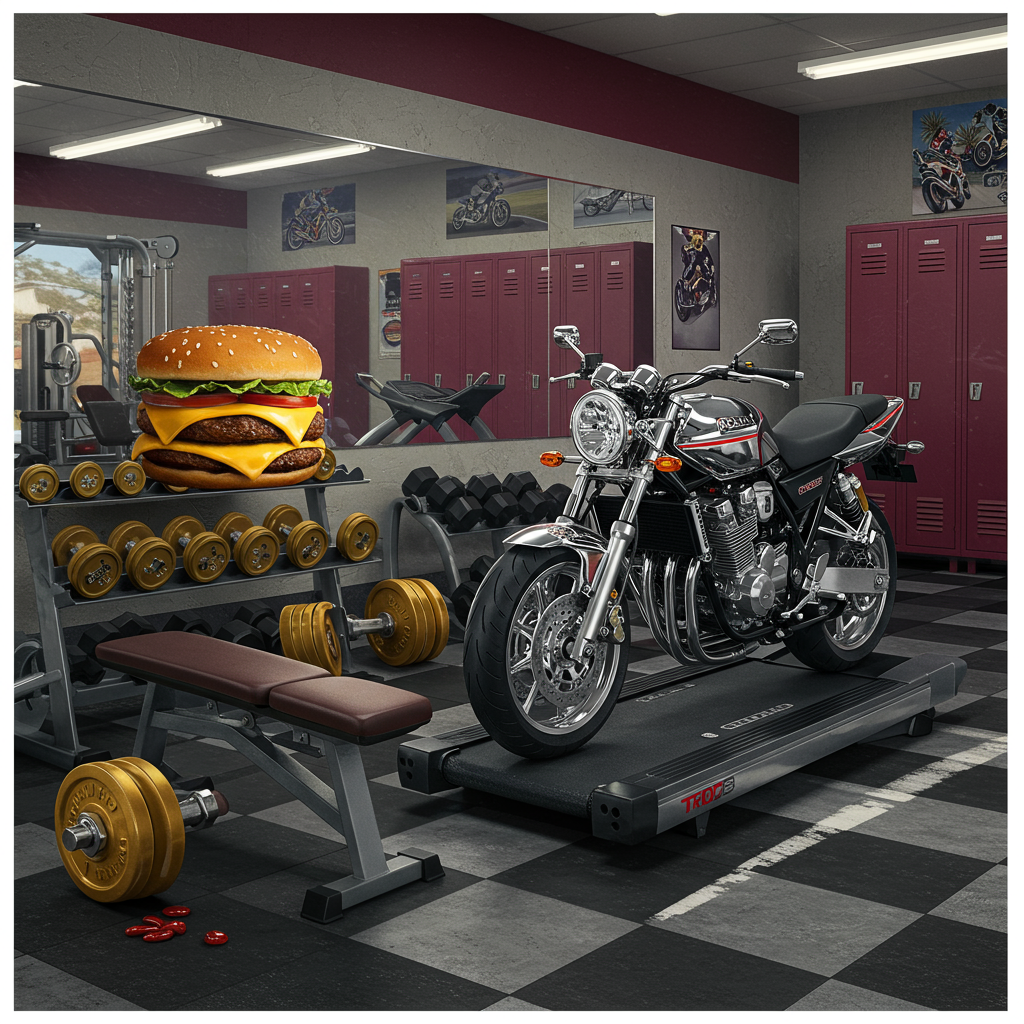 On the front cover of this anniversary greeting card, imagine a vivid, lifelike scene set in an energetic gymnasium where elements of motorbikes and burgers seamlessly blend into the setting. 

In the foreground, a polished chrome motorbike sits proudly on a sleek, black treadmill, its metallic surface reflecting the overhead gym lights. The bike is detailed with red and black accents and has a small banner across the seat with the word "ROB" in bold white letters.

To the left, a gleaming weight bench is stacked with golden dumbbells that are sculpted to resemble classic, juicy cheeseburgers, complete with sesame seed buns and oozing cheese painted with precision. The condiments are colorfully captured: vivid red ketchup, tangy yellow mustard, and vibrant green lettuce.

In the background, a wall-sized mirror reflects the scene, adding depth and giving a glimpse of additional gym equipment. Above this mirrored wall, motivational posters depict racing motorbikes on open highways under clear blue skies, reinforcing the theme.

The floor is designed like a checkerboard racing flag, with black and white tiles adding contrast to the rich details around them. To complete the scene, a row of burgundy lockers lines the right side, with one door ajar revealing a helmet shaped like a burger bun.

In the upper-right corner, a miniature banner with the word "ROB" flutters slightly, tied between two golden dumbbells mounted on the wall. The card’s color palette is a vibrant blend of chrome silvers, motorbike reds, and juicy burger yellows, making the imagery both humorous and vividly realistic.
Generated with these themes: Gym, Motorbikes, and Burgers.
Made with ❤️ by AI.